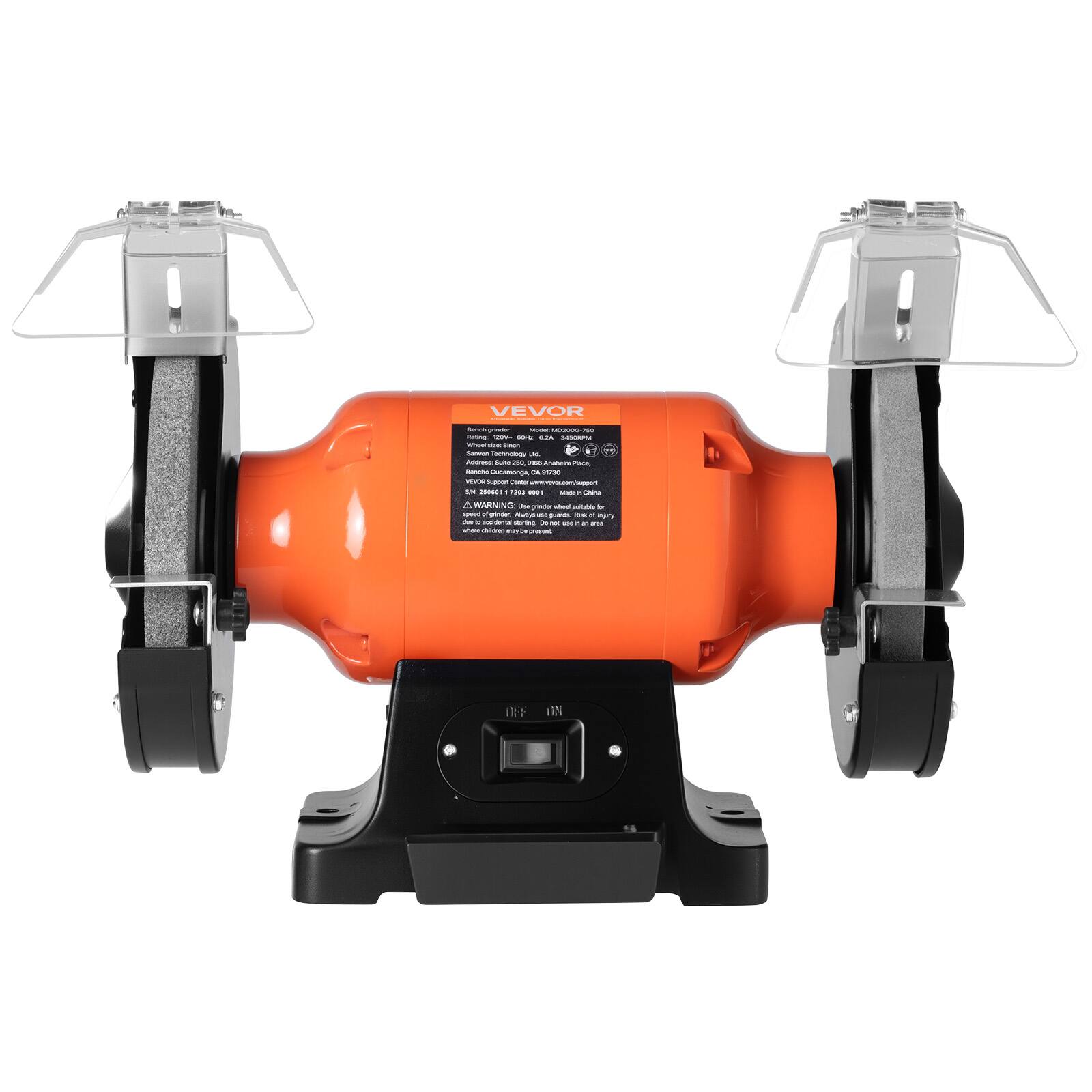 VEVOR  
Bench grinder MODEL MGZ000-750  
Rating: 1/2 HP  
Sure 2 JASOIPM  
mihoorage.com  
Sanway Technology Ltd.  
Address Suite 250 ando. Anaheim Plack, Rancho Cucamonga CA 1730  
VEVOR Support Center - cominuppon  
M 25,000 7200 0001  
YOUR China  
WARNING: Use grinder whiled adidas b spood of grinder. Always W guards of njey de I accionical starting. - 000 . at. 211 where chlow my be poses