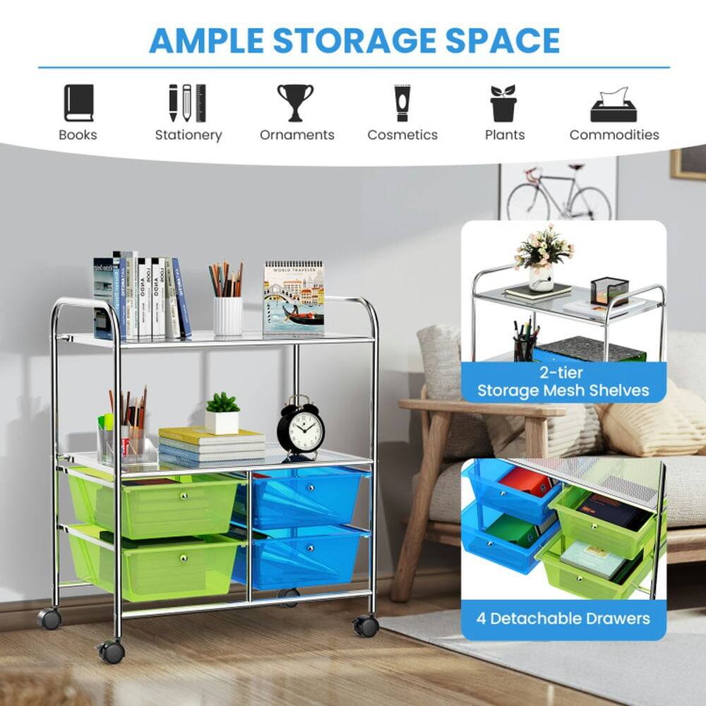 AMPLE STORAGE SPACE

Books  
Stationery  
Ornaments  
Cosmetics  
Plants  
Commodities  

2-tier Storage Mesh Shelves  

4 Detachable Drawers