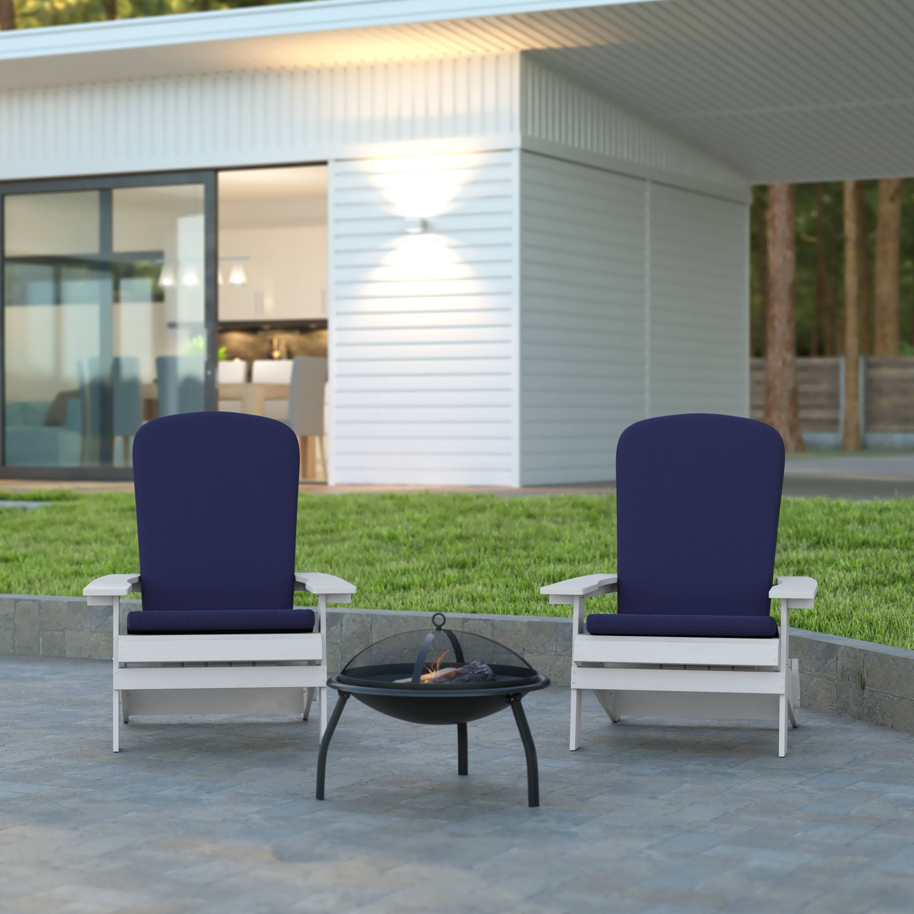 Alt View 2. Emma + Oliver - Haven Set of Two All-Weather Poly Resin Folding Adirondack Chairs for Indoor/Outdoor Use - Blue Cushions/White Frame.