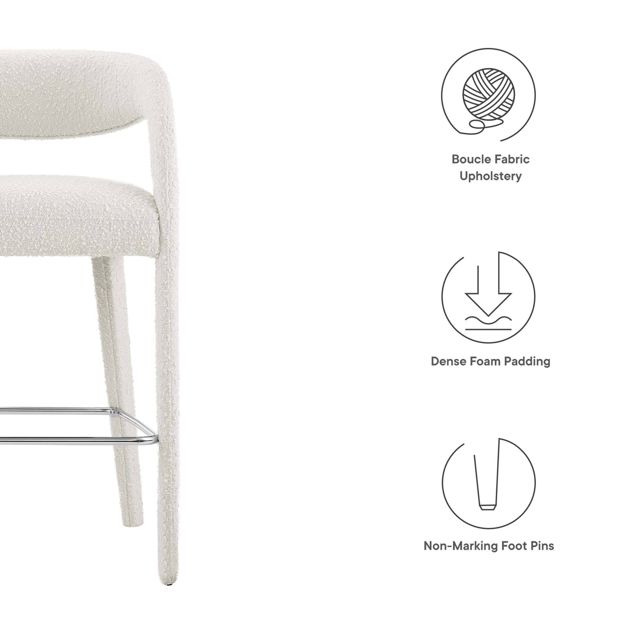 - Boucle Fabric Upholstery
- Dense Foam Padding
- Non-Marking Foot Pins