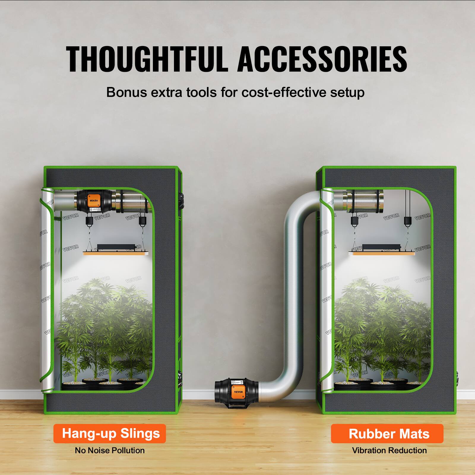THOUGHTFUL ACCESSORIES  
Bonus extra tools for cost-effective setup  

- Hang-up Slings  
  No Noise Pollution  

- Rubber Mats  
  Vibration Reduction