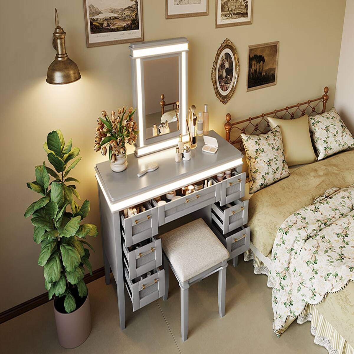 Alt View 4. Loheer - Loheer 48 Inch Makeup Vanity Desk with Mirror and Lights, Seven Drawers, Cushioned Stool, Grayish Blue - Grayish Blue.