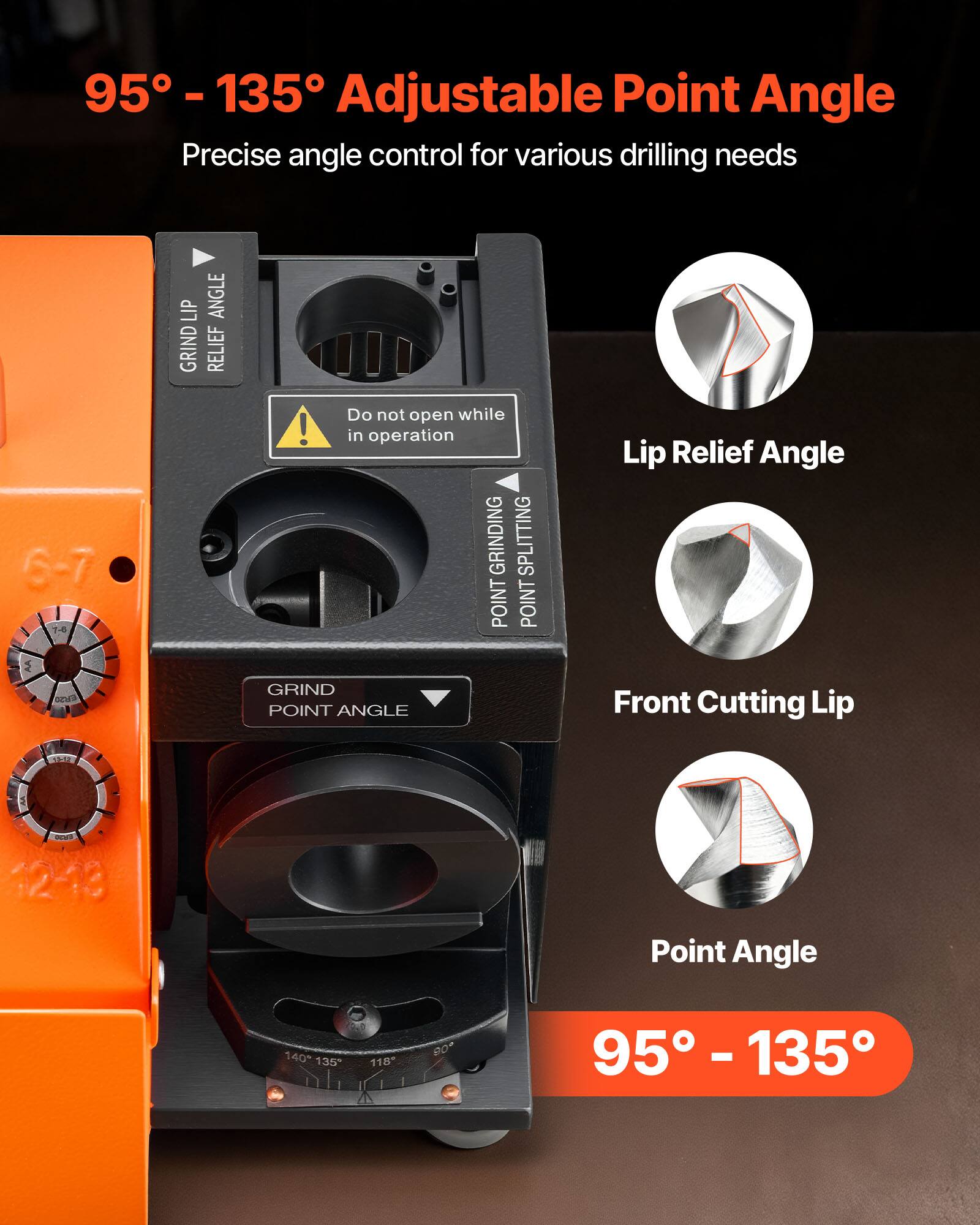 95° - 135° Adjustable Point Angle  
Precise angle control for various drilling needs  

- Lip Relief Angle  
- Front Cutting Lip  
- Point Angle  

Do not open while in operation  

95° - 135°