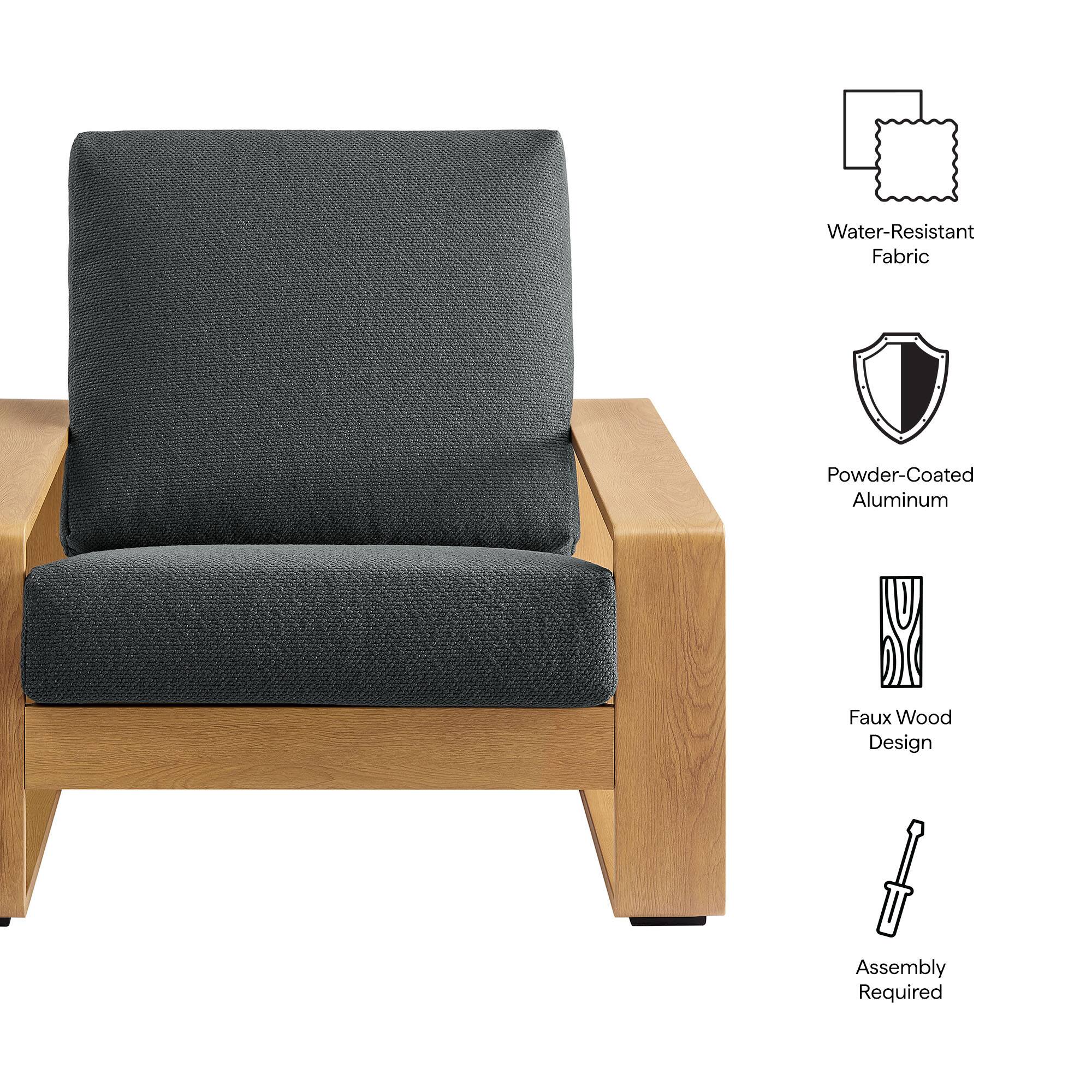 - Water-Resistant Fabric
- Powder-Coated Aluminum
- Faux Wood Design
- Assembly Required