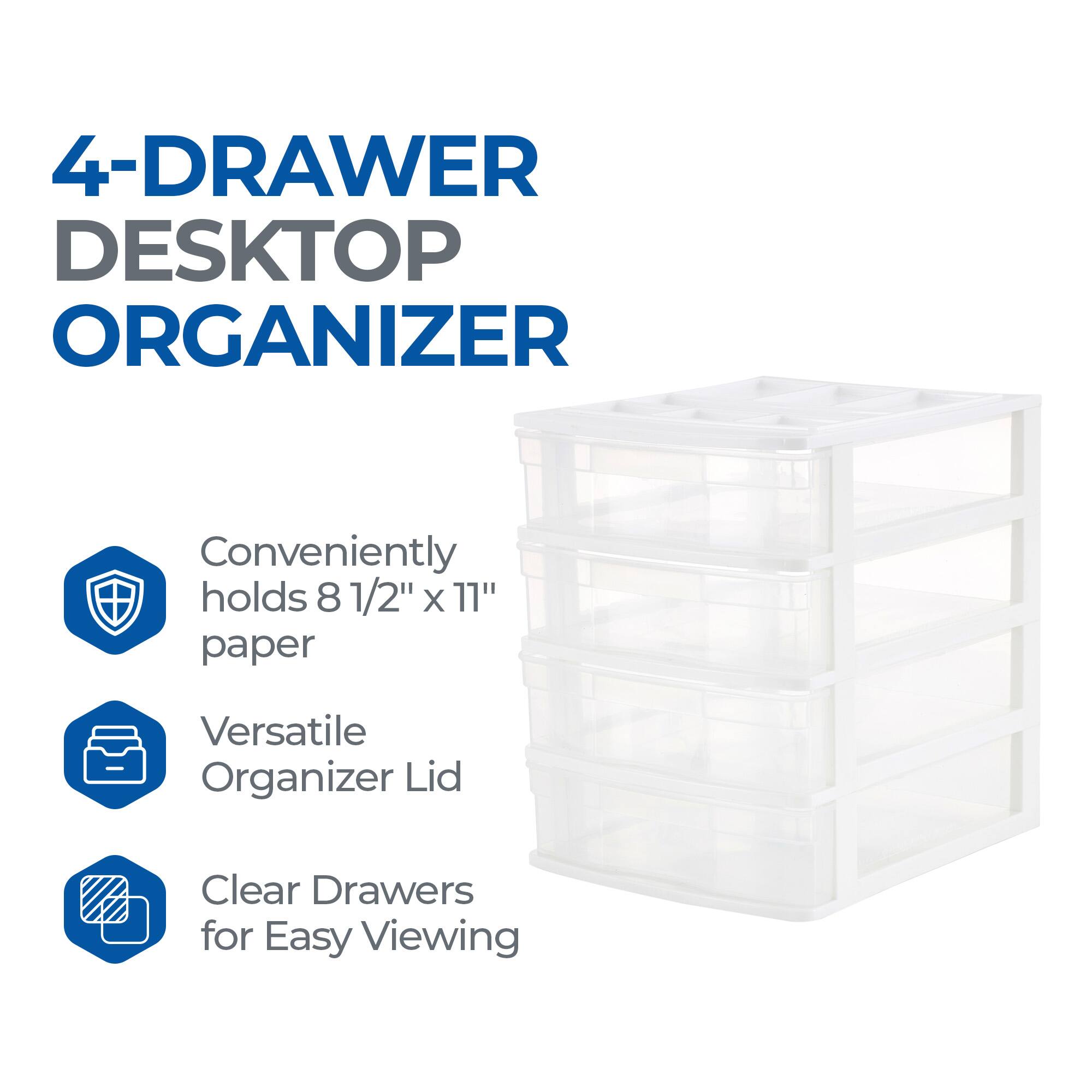 4-Drawer Desktop Organizer

- Conveniently holds 8 1/2" x 11" paper
- Versatile Organizer Lid
- Clear Drawers for Easy Viewing