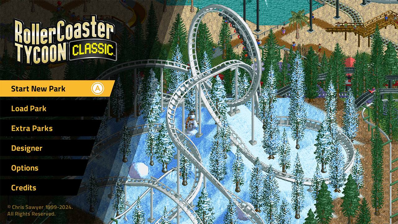 RollerCoaster TYCOON CLASSIC Start New Park Load Park Extra Parks Designer Options Credits Chris Sawyer 1999-2024. All Rights Reserved.