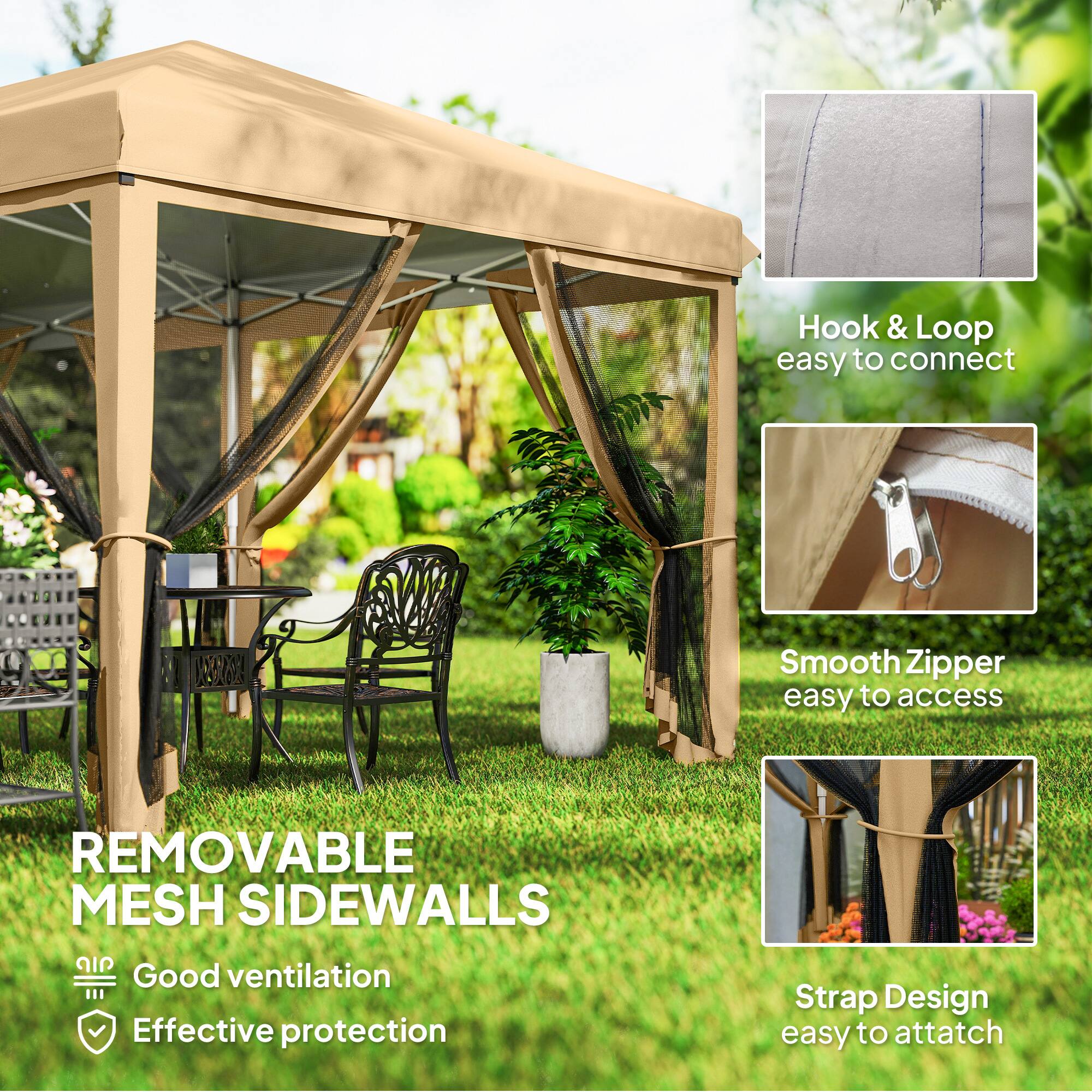 - Hook & Loop easy to connect
- Smooth Zipper easy to access
- REMOVABLE MESH SIDEWALLS
  - Good ventilation
  - Effective protection
- Strap Design easy to attach