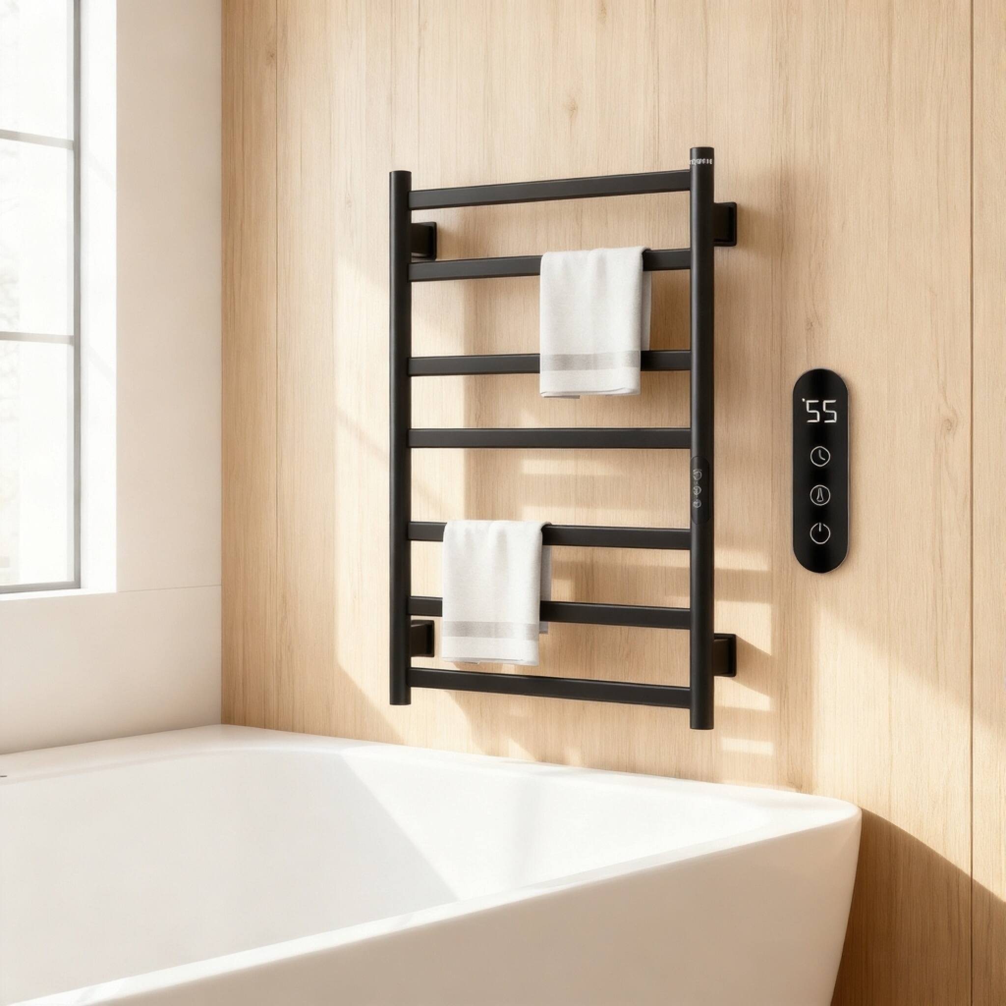 Alt View 1. COWLOWN - 7-Bar Electric Heated Towel Rack for Bathroom 150w 800x500mm Wall Mounted w Touch Timer Temp Control - Stainless Steel Finish (Silver).