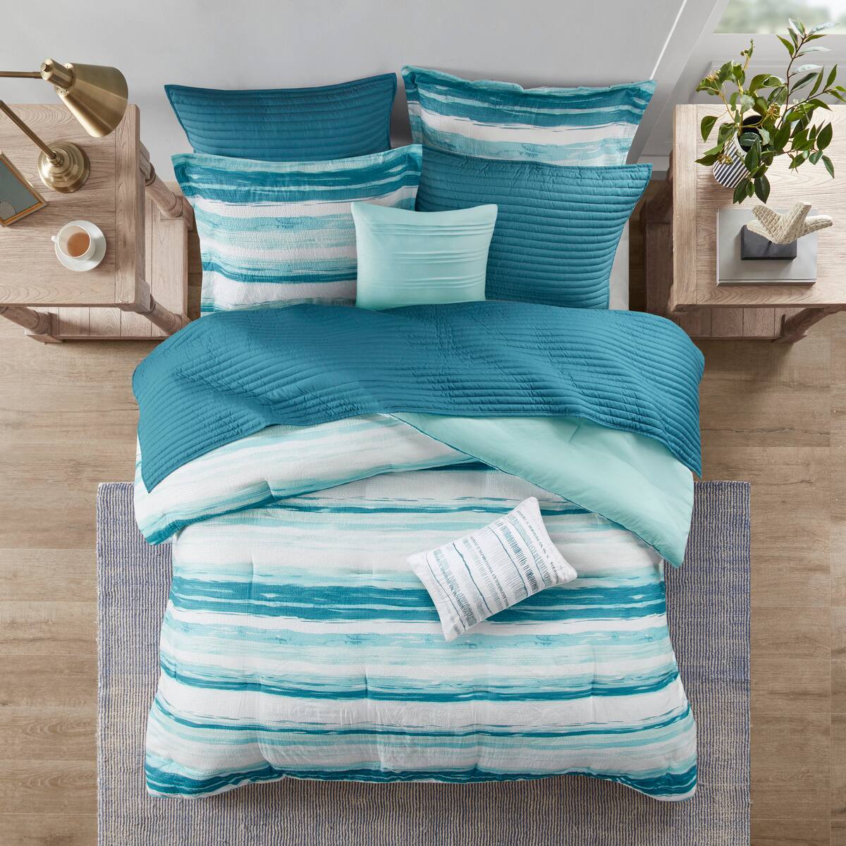 Back. TinyHomie - 8 Piece Printed Seersucker Comforter and Quilt Set Collection Aqua King/Cal King - Aqua.