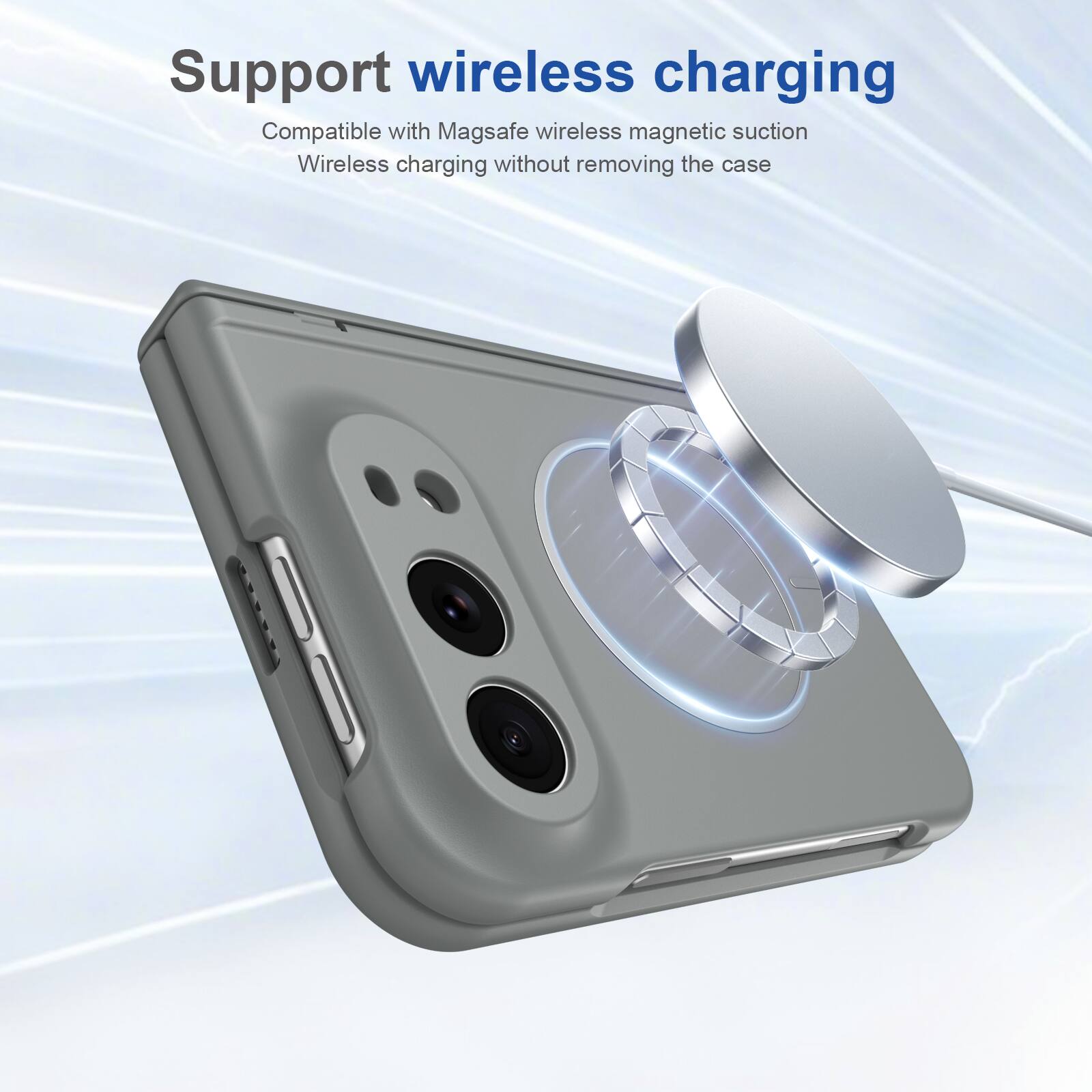 Support wireless charging  
Compatible with Magsafe wireless magnetic suction  
Wireless charging without removing the case