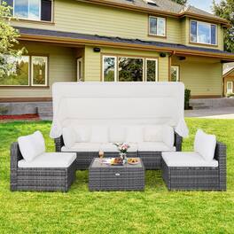 Gymax - 6 PCS PE Rattan Patio Furniture Set w/ Tempered Glass Table and Retractable Canopy - Mix Grey