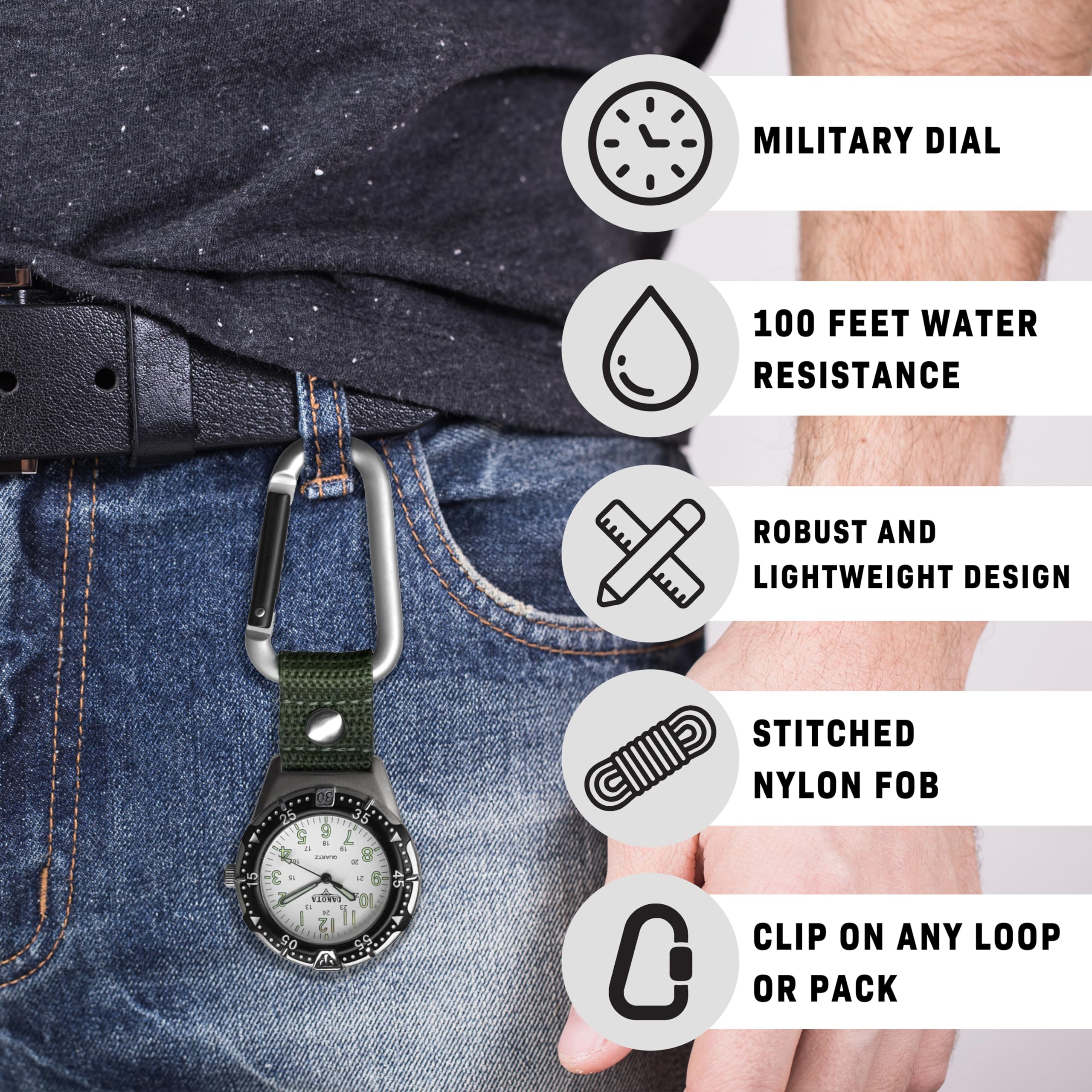 MILITARY DIAL  
100 FEET WATER RESISTANCE  
ROBUST AND LIGHTWEIGHT DESIGN  
STITCHED NYLON FOB  
CLIP ON ANY LOOP OR PACK