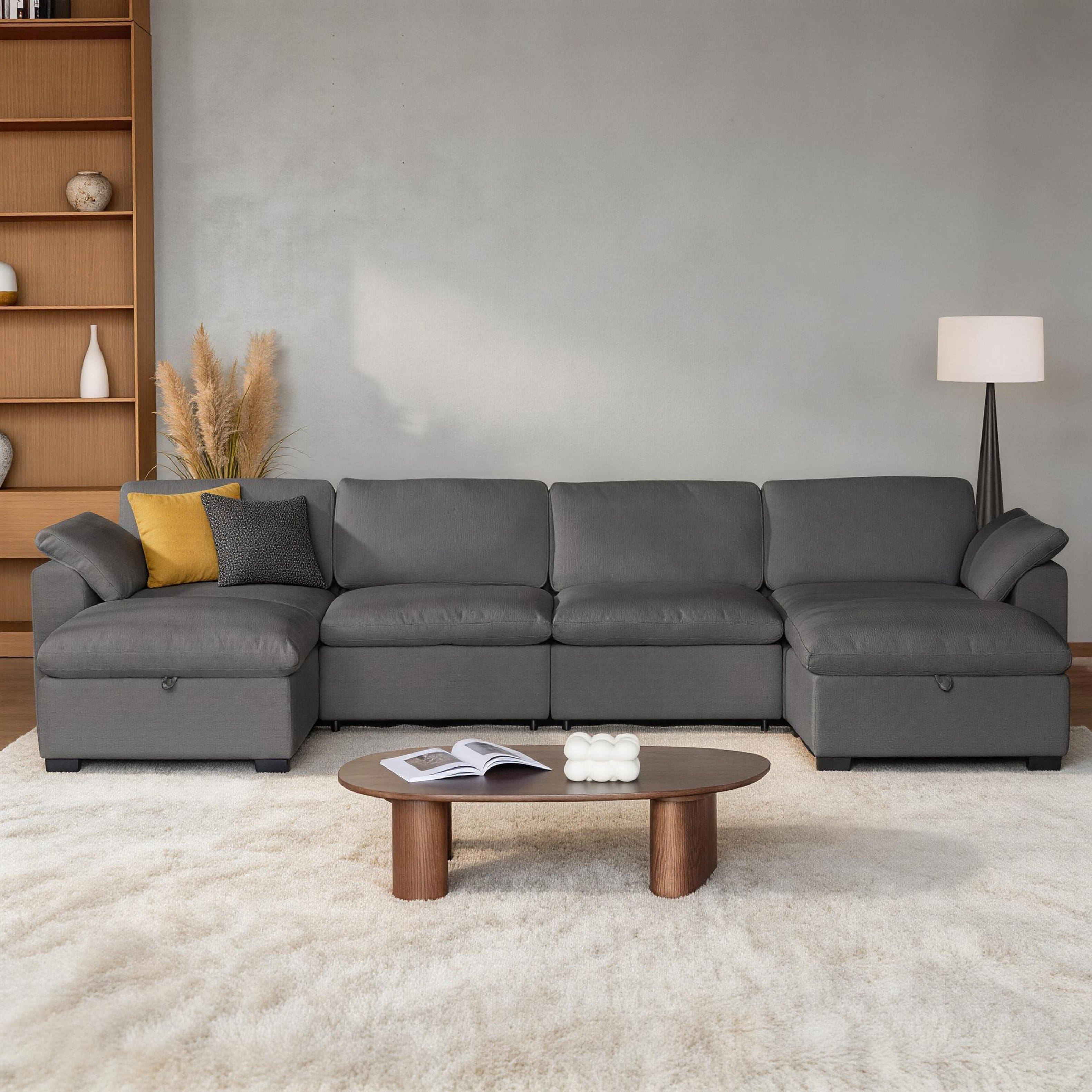 Dyonery - 160-inch oversized modular sectional sofa, U-shaped sofa with storage bench, down-filled, solid wood frame，Grey - Gray