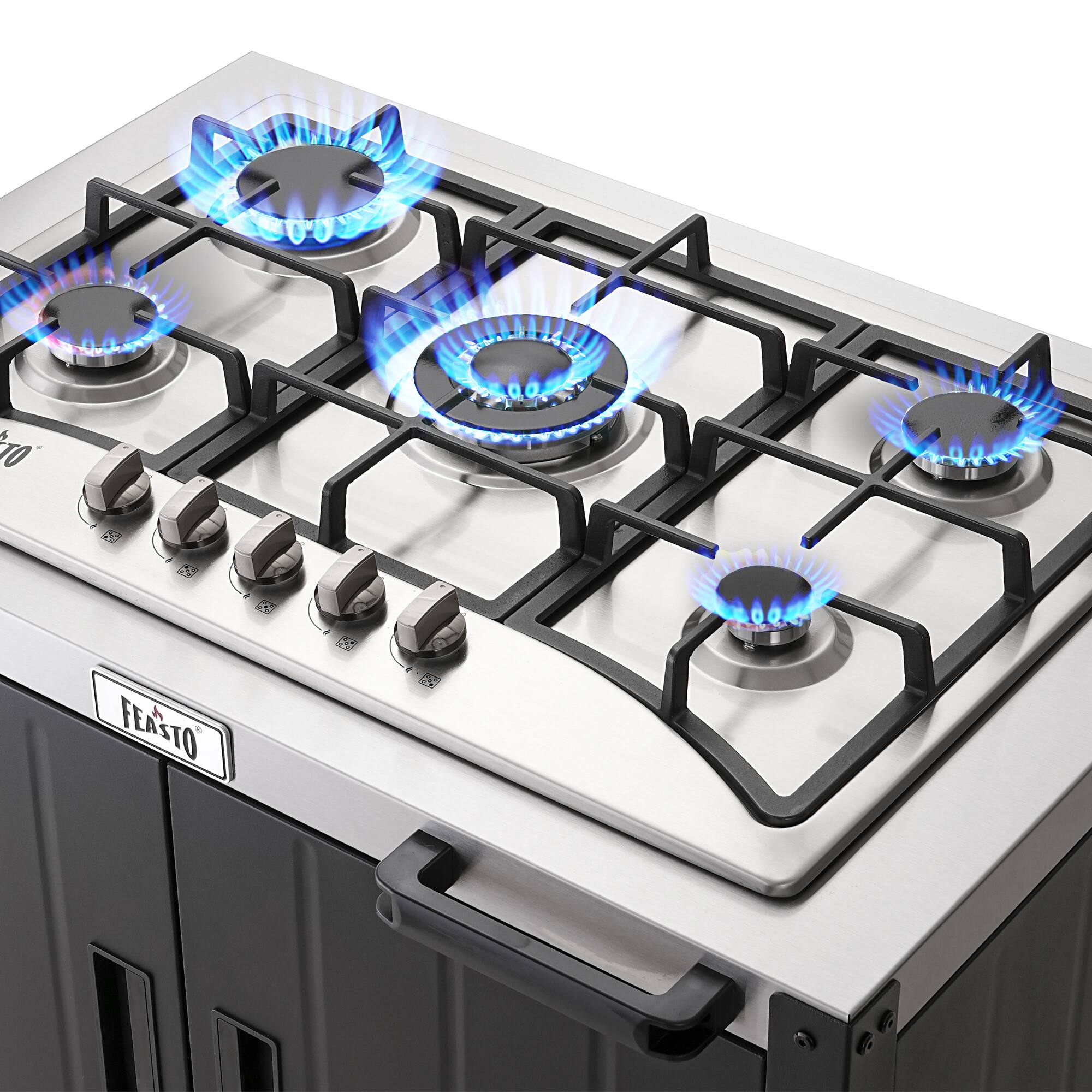 Left. FEASTO - Movable Outdoor Gas Stove Stainless Steel Top with Cabinet - Black.