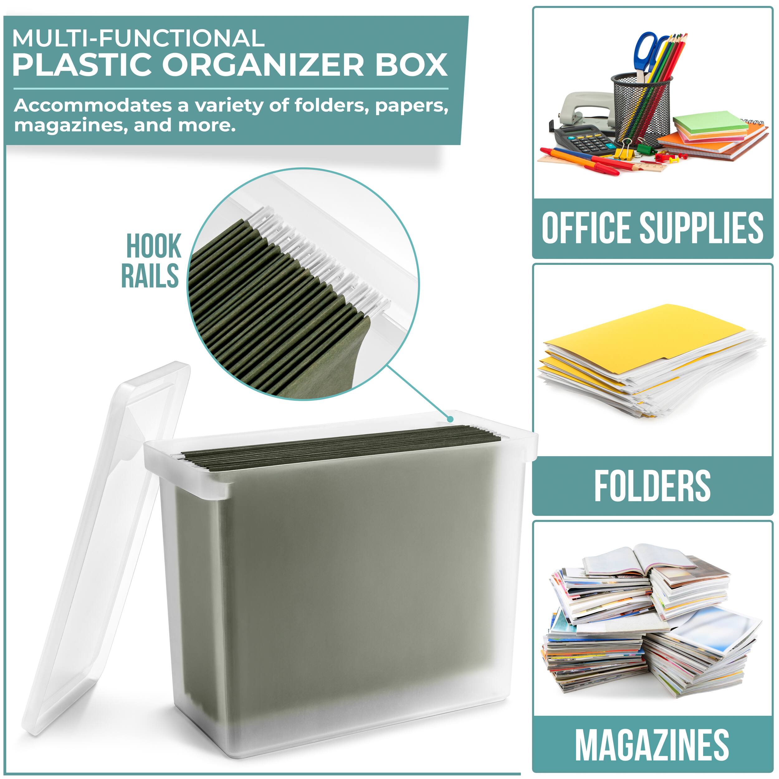 MULTI-FUNCTIONAL PLASTIC ORGANIZER BOX  
Accommodates a variety of folders, papers, magazines, and more.

HOOK RAILS

OFFICE SUPPLIES

FOLDERS

MAGAZINES