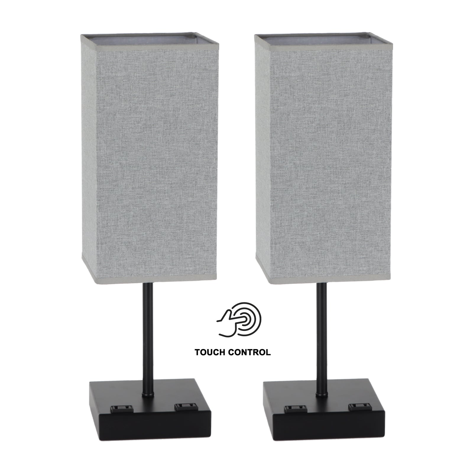 Oumilen - Grey Touch Control Nightstand Lamps Set of 2 with AC Outlets, Modern Bedside Table Lamps with Fabric Shade