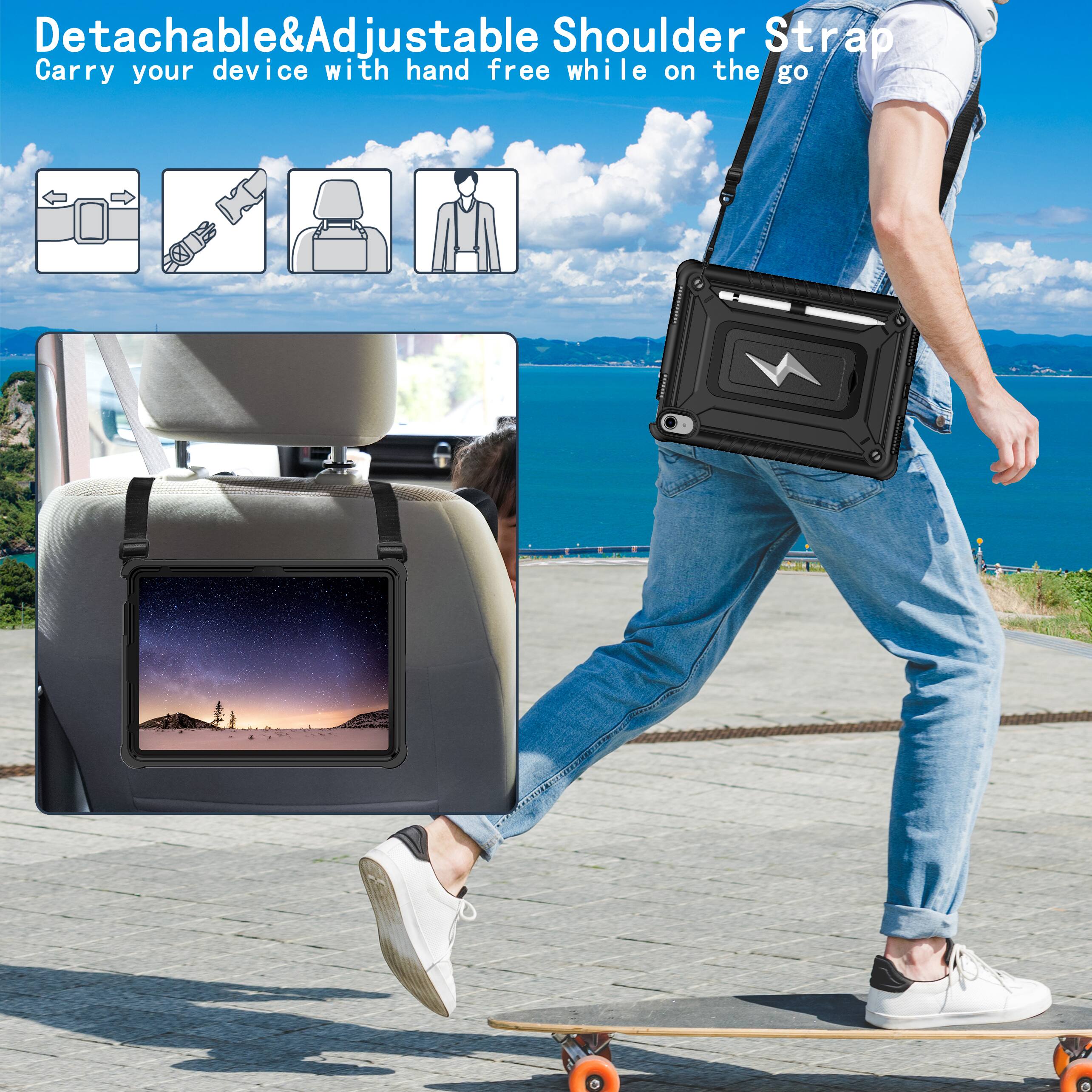 Detachable & Adjustable Shoulder Strap  
Carry your device with hand free while on the go