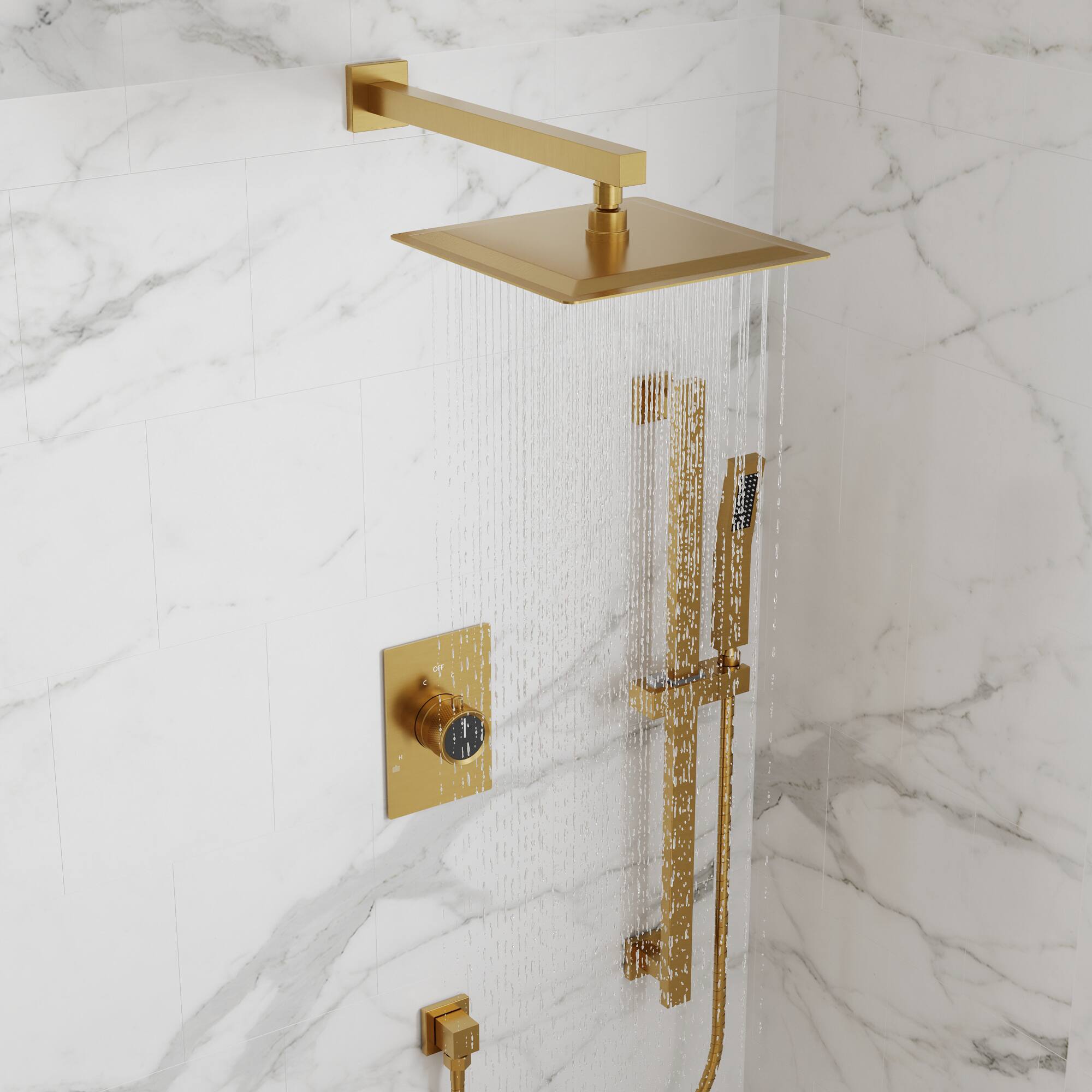 Alt View 8. GRANDJOY - 10" High Pressure Rain Shower System with Handheld Shower and 2-Function Mixer Valve - Brushed Gold.