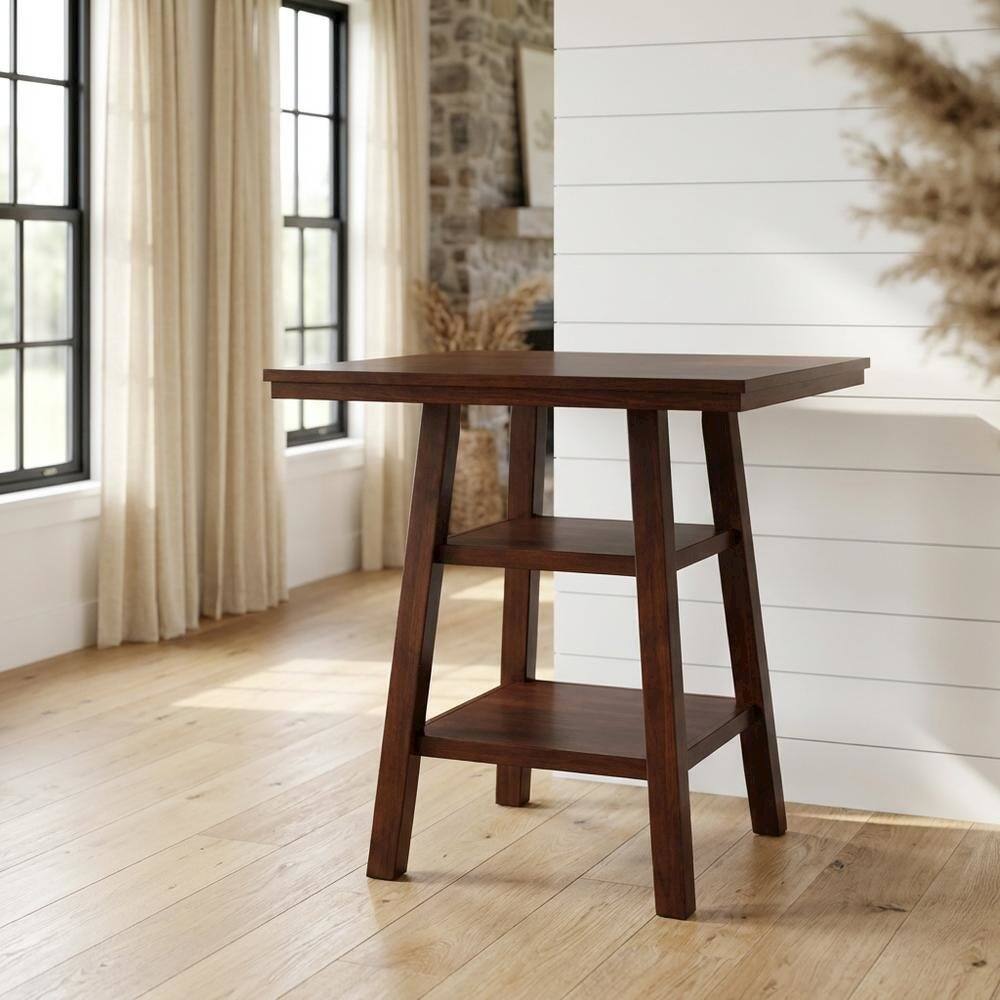 Alt View 4. FurniFact - Wood High Bar Table with 2 Shelves, Transitional Pub Table for Dining Room - Walnut.