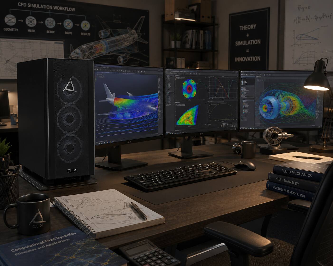 CFD SIMULATION WORKFLOW  
GEOMETRY MESH SETUP SOLVE RESULTS  

THEORY + SIMULATION = INNOVATION  

v.y=0 p(+vyy-Spopv-f  

COMICS  
are  
CLX LOGOSMORE  

Le FLUID MECHANICS (1 HEAT TRANSFER TURBULENCE MODELLING  

CLX Dynamics Fluid Applications Computational Principles and