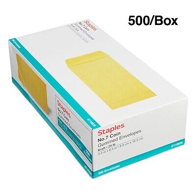 Staples  
No.7 Coin Envelopes  
Gummed  
Kraft  
16.5 cm x 9 cm (6.5 in x 3.5 in)  
500 Envelopes  
500/Box