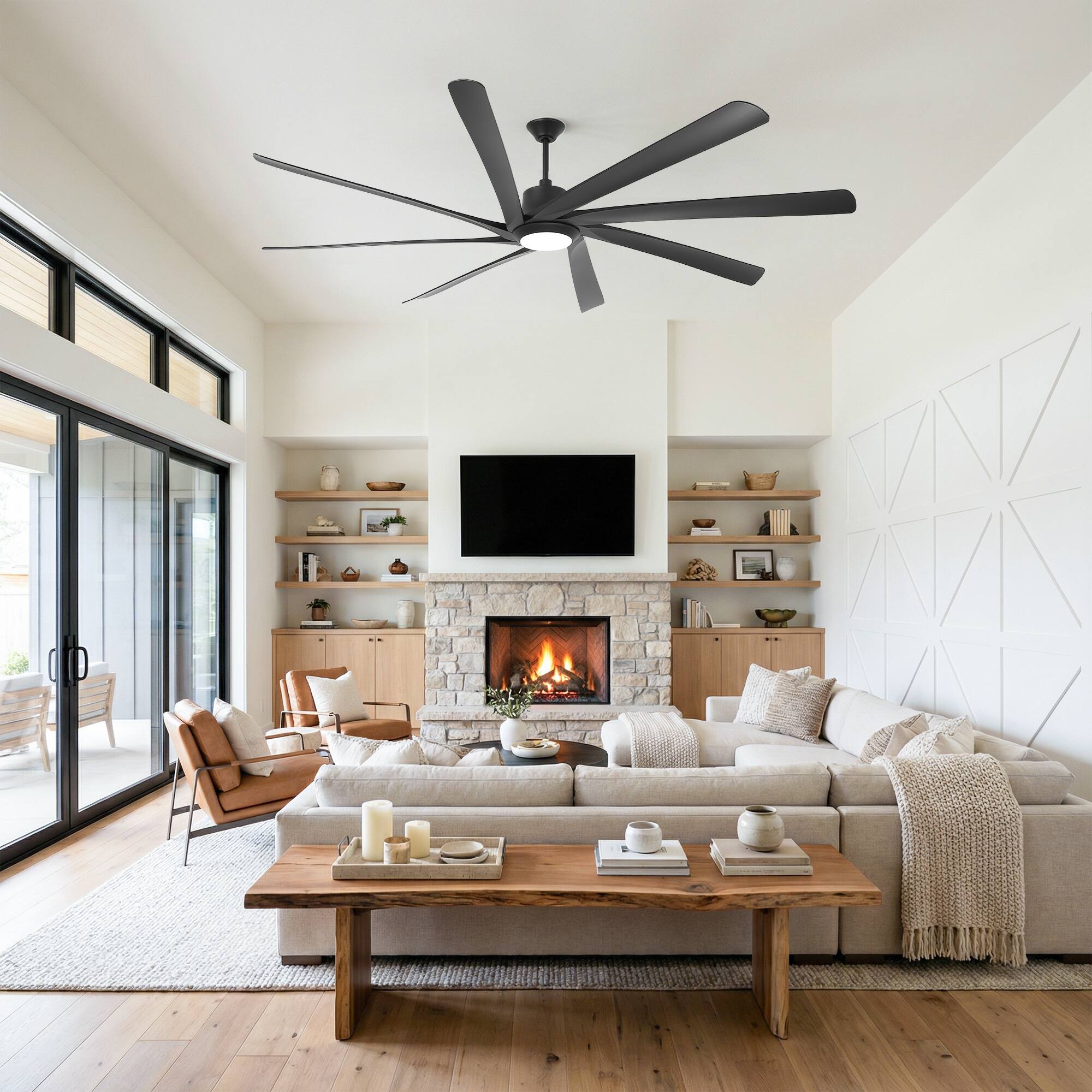 Back. Parrot Uncle - 100'' Matte Black Downrod Mount LED Ceiling Fan with Remote and 8 ABS Blades - Black.
