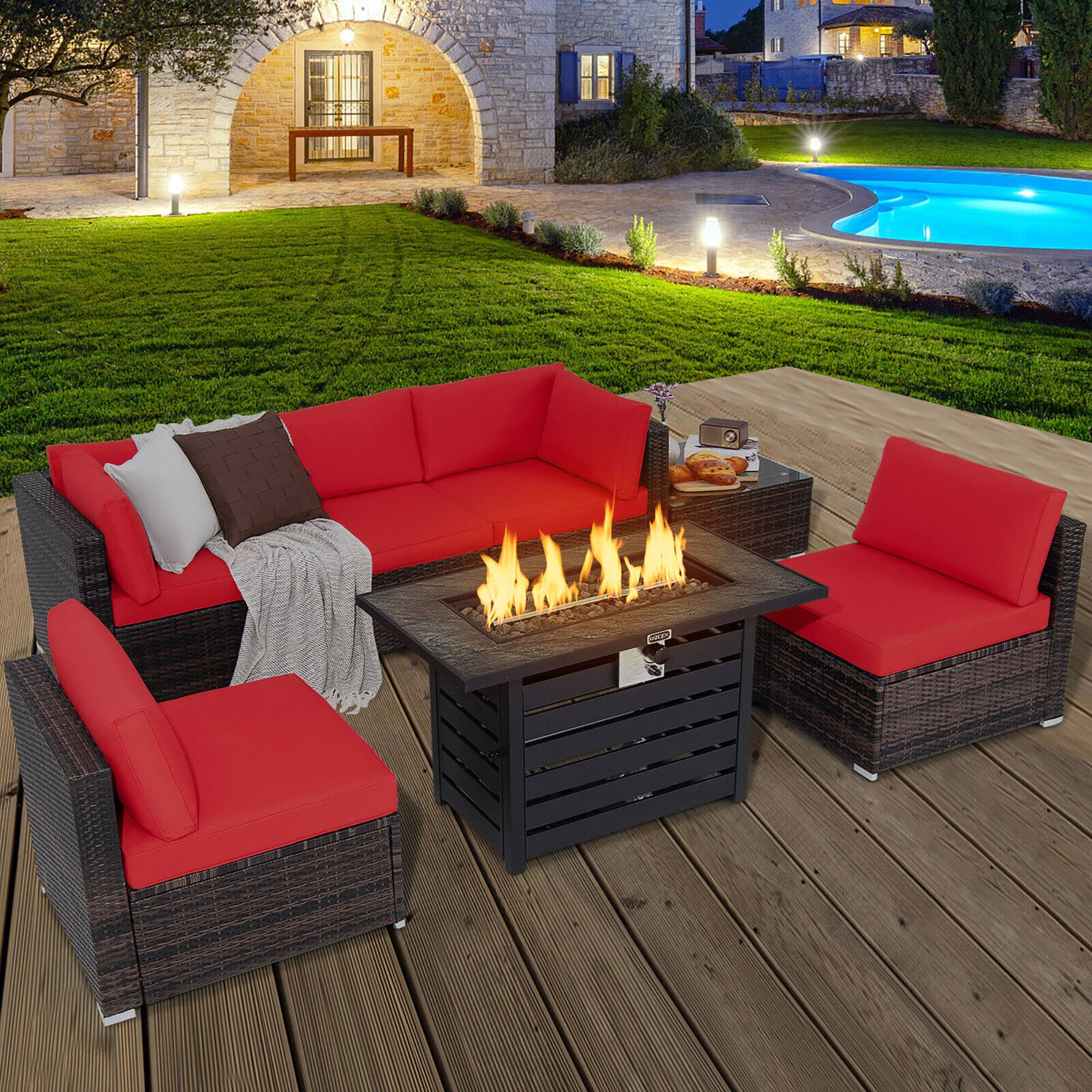Alt View 3. Gymax - Gymax 7PCS Patio Rattan Furniture Set 42'' Fire Pit Table w/ Cover Cushioned Red - Red.