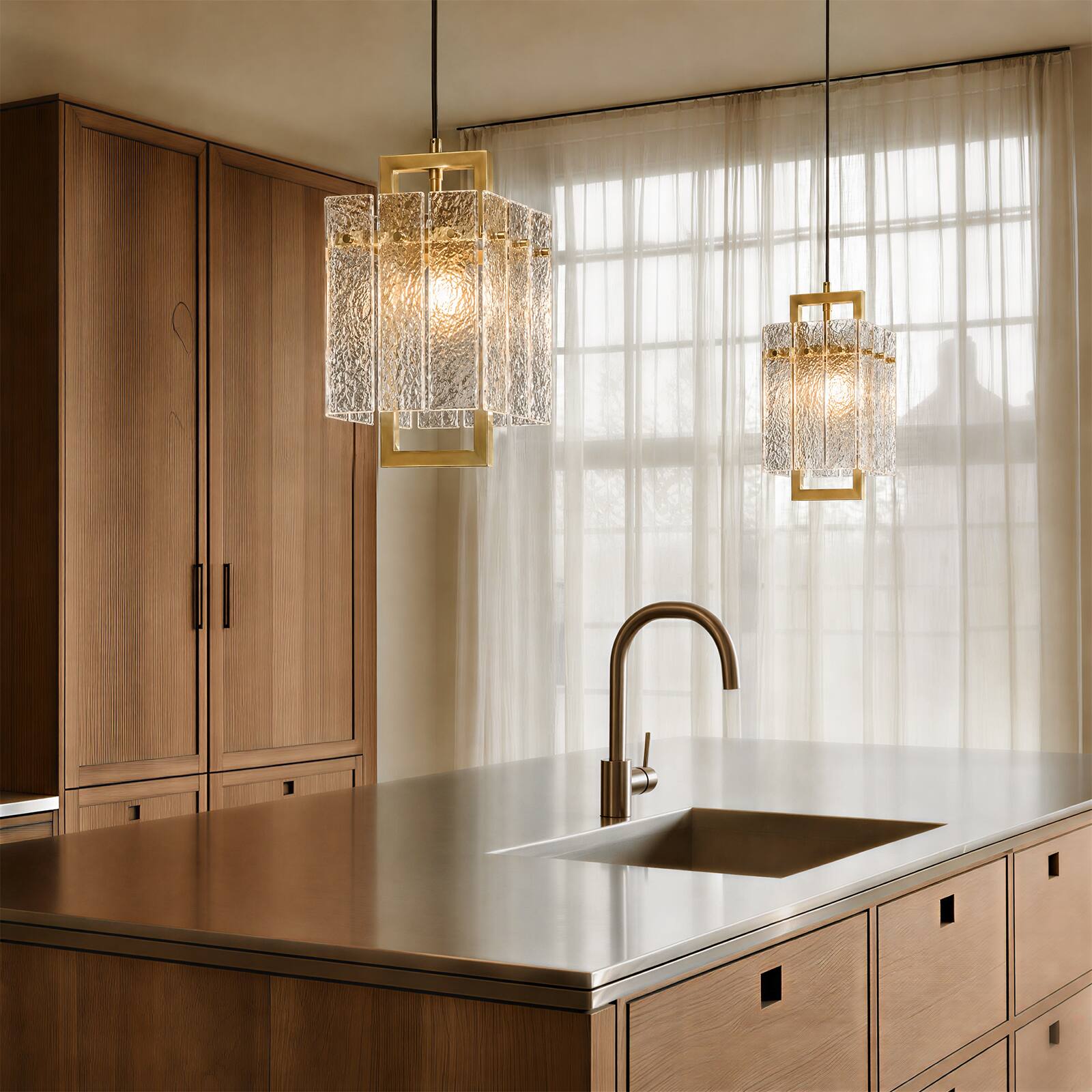 Alt View 4. Siljoy - Square Frame Cracked Glass Lampshade Pendant Light - Gold.