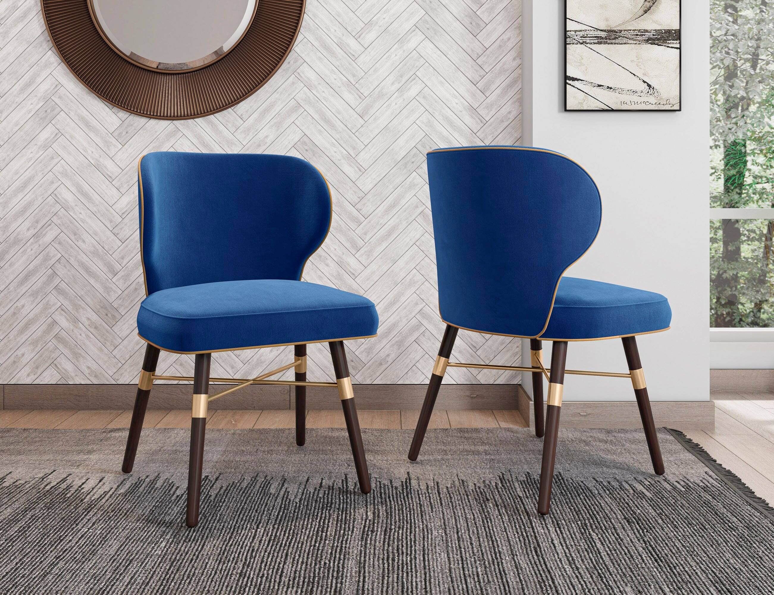 Angle. Manhattan Comfort - Strine Modern Wood Upholstered Dining Chair - Set of 2 - Blue and Gold.