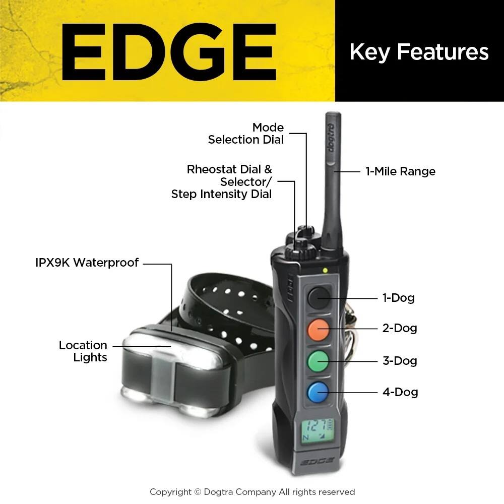 EDGE

Key Features

- Mode Selection Dial
- Rheostat Dial & Step Intensity Dial
- 1-Mile Range Selector
- IPX9K Waterproof
- Location Lights
- 1-Dog
- 2-Dog
- 3-Dog
- 4-Dog

Copyright © Dogtra Company All rights reserved