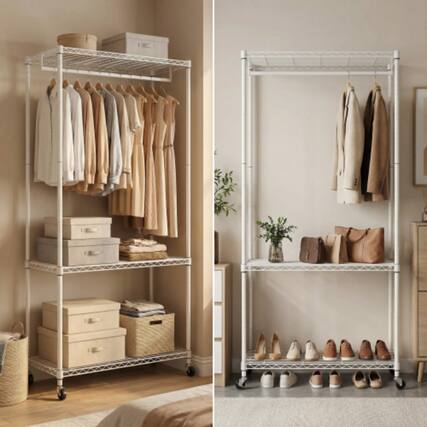 Front. LUCKY ONE - 73.2" H Heavy Duty Rolling Garment Rack w/ 3-Tier Shelves Freestanding - White.