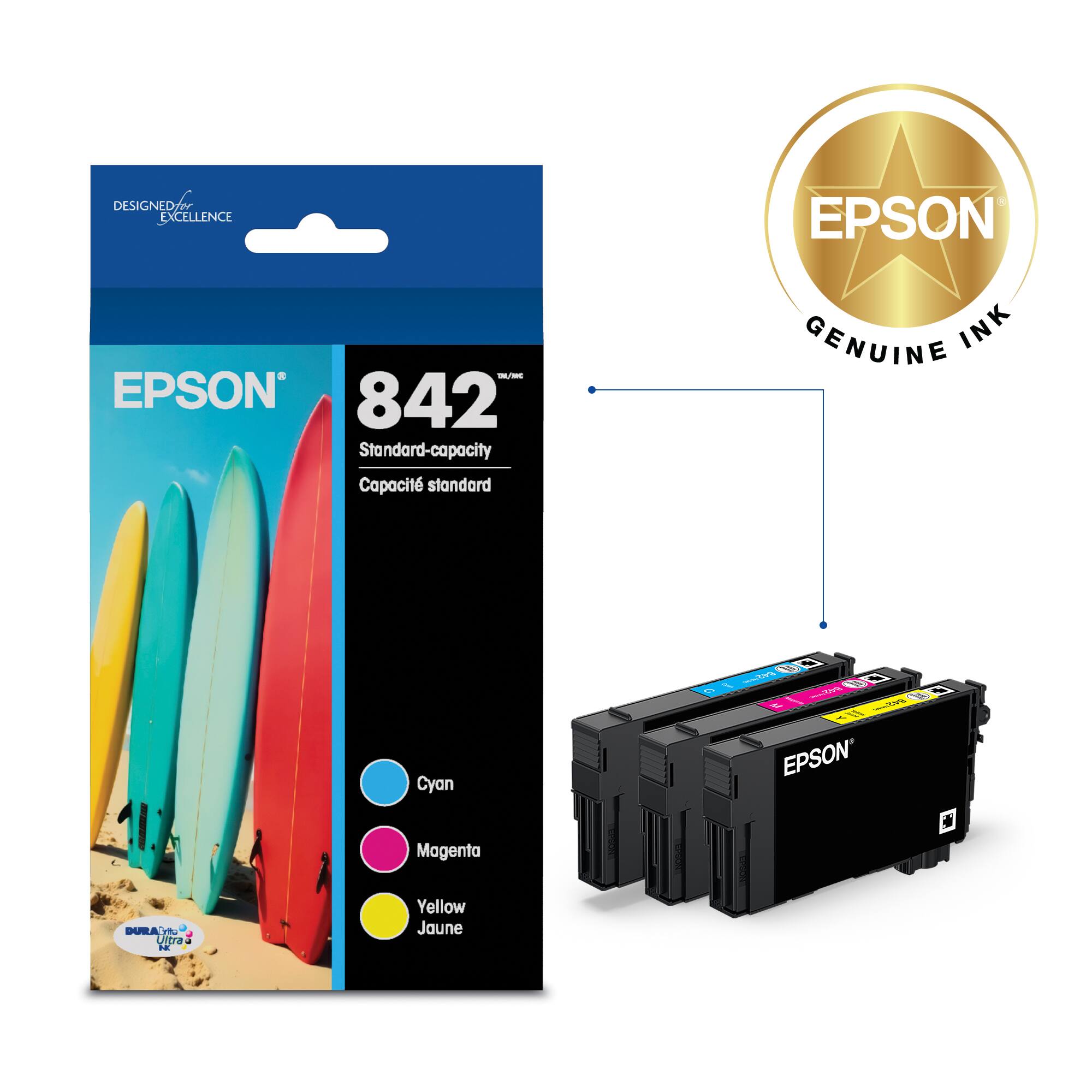 DESIGNED EXCELLENCE™  
EPSON 842 Standard-capacity  
Capacité standard  

EPSON GENUINE INK  
Cyan  
Magenta  
Yellow Jaune