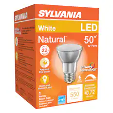 SYLVANIA
LED
White Natural™
50W*
40° Flood
TruWave Technology™
The best alternative to natural light.
La meilleure substitution à la lumière naturelle.
LASTS 22+ YEARS*
Reduced Eye Strain
Clean and Natural Light
1 PAR20 Glass Bulb
Indoor/Outdoor
Replaces 50W
Uses 6W*
Brightness
550 lumens
Estimated Energy Cost
$0.72 per year
WET RATED
DIMMABLE+++
ENERGY STAR
TruWave Technology™
Reduces eye strain.
Clean and natural light.
WET RATED
DIMMABLE+++
Brightness
550 lumens
Estimated Energy Cost
$0.72 per year
ENERGY STAR