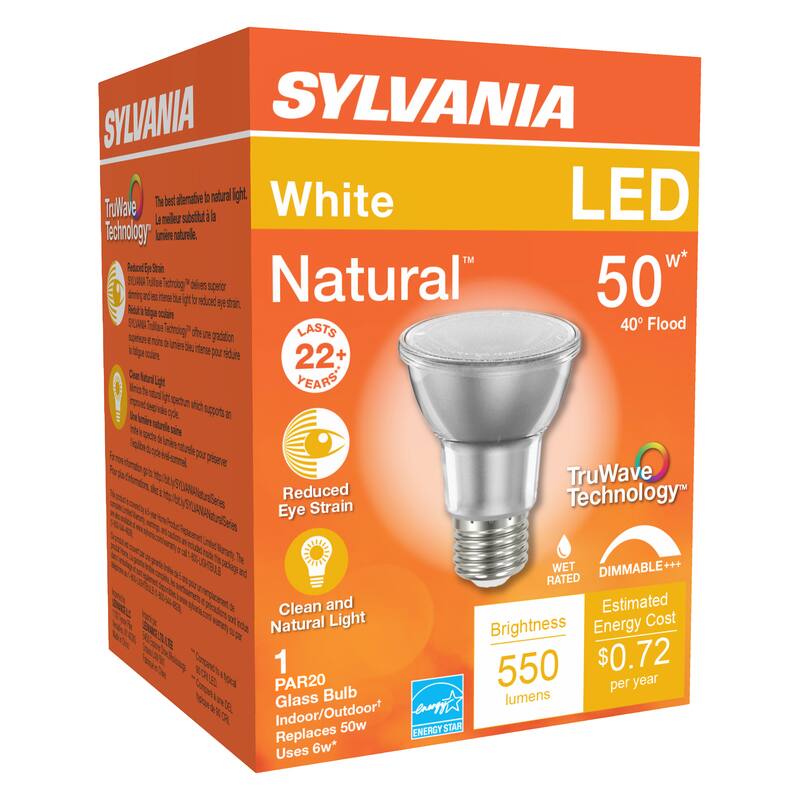 SYLVANIA  
LED  
White Natural™  
50W*  
40° Flood  

TruWave Technology™  
The best alternative to natural light.  
La meilleure substitution à la lumière naturelle.  

LASTS 22+ YEARS*  

Reduced Eye Strain  
Clean and Natural Light  

1 PAR20 Glass Bulb  
Indoor/Outdoor  
Replaces 50W  
Uses 6W*  

Brightness  
550 lumens  

Estimated Energy Cost  
$0.72 per year  

WET RATED  
DIMMABLE+++  

ENERGY STAR  

TruWave Technology™  
Reduces eye strain.  
Clean and natural light.  

WET RATED  
DIMMABLE+++  

Brightness  
550 lumens  

Estimated Energy Cost  
$0.72 per year  

ENERGY STAR