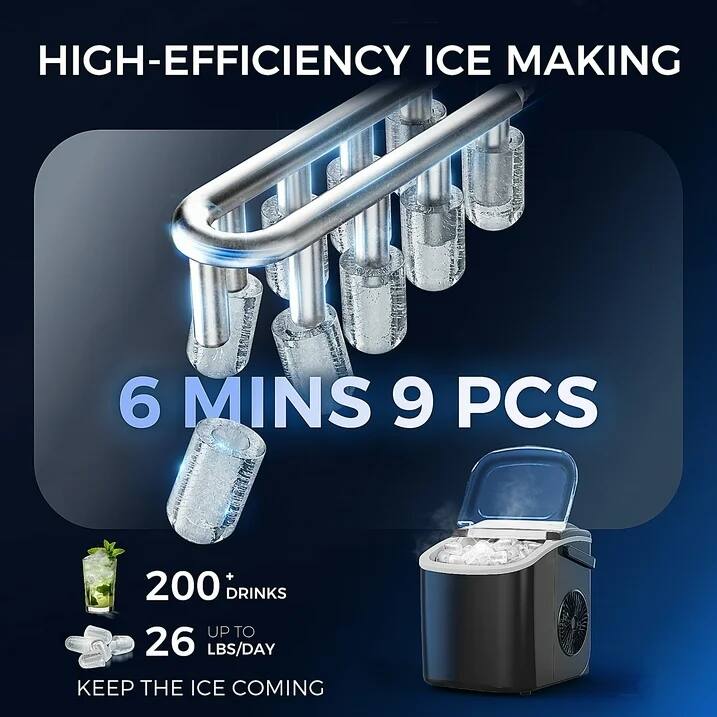 HIGH-EFFICIENCY ICE MAKING
6 MINS 9 PCS
200+ DRINKS
UP TO 26 LBS/DAY
KEEP THE ICE COMING