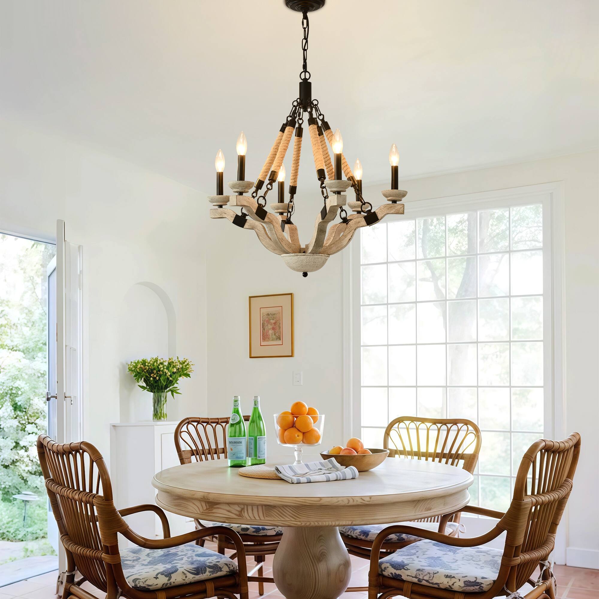 Back. RYHNUYNE - 24in Farmhouse Wood & Rope Chandelier - 6-Light Rustic Candle Pendant Light for Dining Room, Kitchen Island, Living Room.