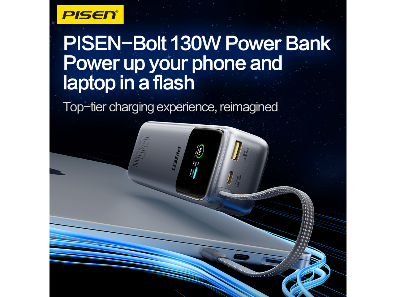PISEN  
PISEN-Bolt 130W Power Bank  
Power up your phone and laptop in a flash  
Top-tier charging experience, reimagined
