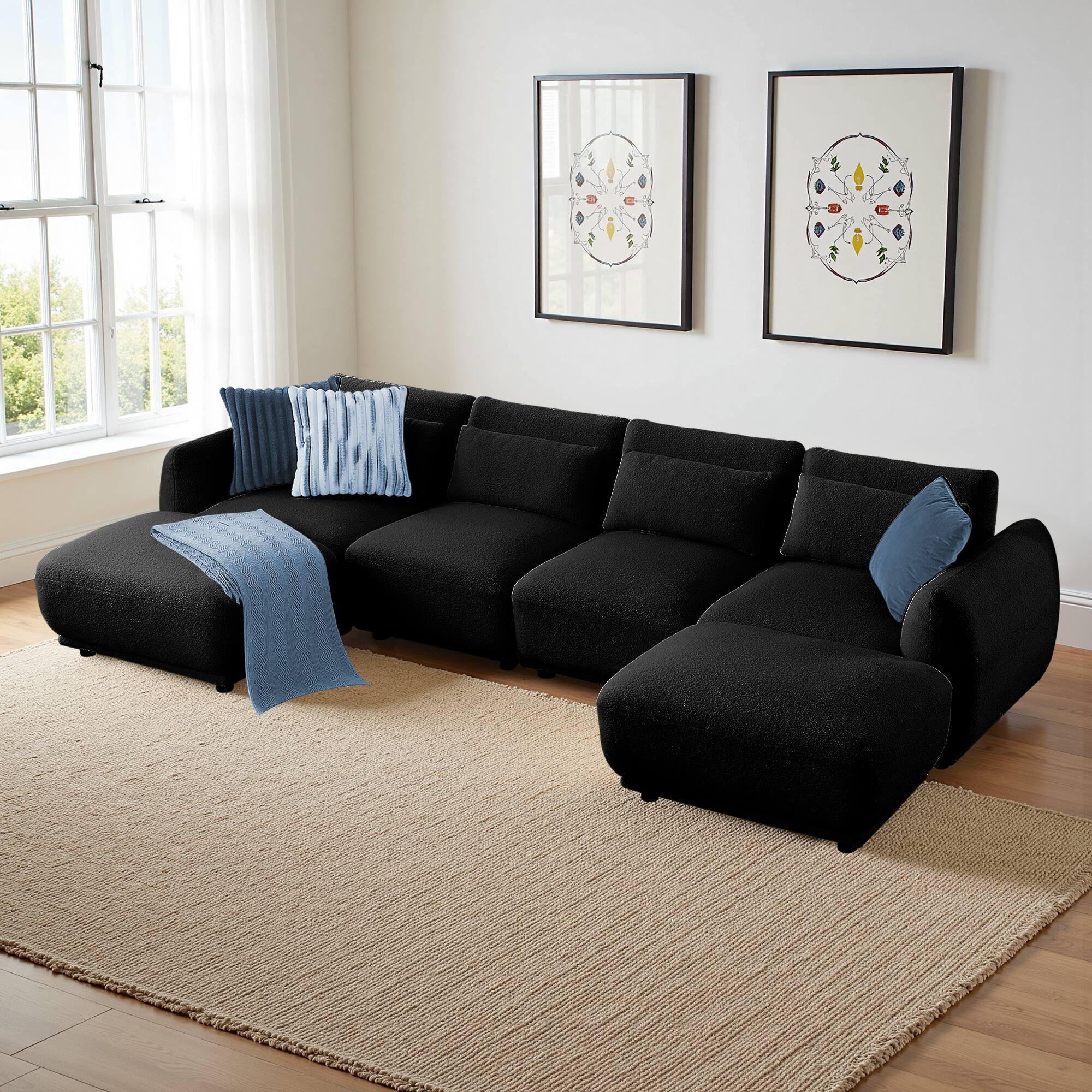 Alt View 2. Meqiodas - Modern Sectional Sofa, Modular L-Shaped Cloud Couch, Convertible Modular Sectional Sofa with Ottoman - Black(4+2).