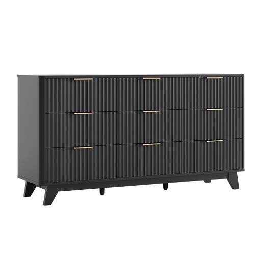 Alt View 1. Winado - 57"L Fluted Chest of Dresser Drawers with 9 Drawers Wide Boho Wood Chest of Drawers Organizer for Living Room Bedroom - Black.