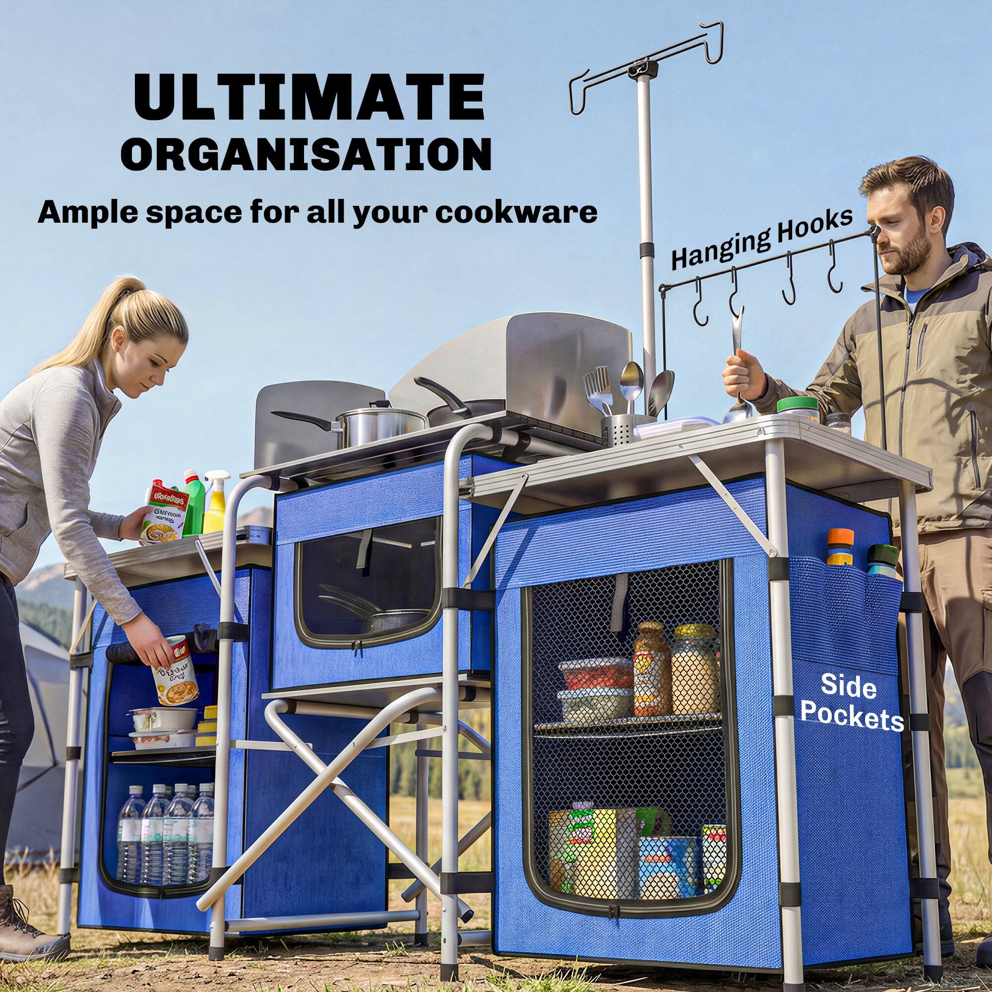 ULTIMATE ORGANISATION  
Ample space for all your cookware  

Hanging Hooks  

Side Pockets