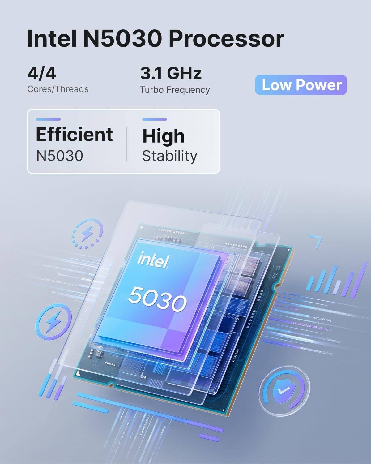 Intel N5030 Processor  
4/4 Cores/Threads  
3.1 GHz Turbo Frequency  
Low Power  
Efficient High N5030 Stability  

02305284906  OS a 102mg 201990 - 00:03:08:00  
APPROFOOL