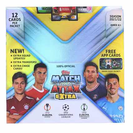 12 CARDS PER PACKET
24 WORLD VINYL
standard chartered
ALCANTARA - SCHOLDS GENDAR
87 4K
SEASON 2021/22
AGES 6+
NEW!
EXTRA SQUAD UPDATES!
EXTRA TRANSFERS!
EXTRA CHASE 100% OFFICIAL CARDS!
OPPS MATCH ATTAX EXTRA
adidas FREE APP CARDS INSIDE EVERY PACKET!
adidas UEPA SR SEPA
EUROPA LEAGUE
CHAMPIONS LEAGUE
EUROPA LEAGUE
CONFERENCE LEAGUE