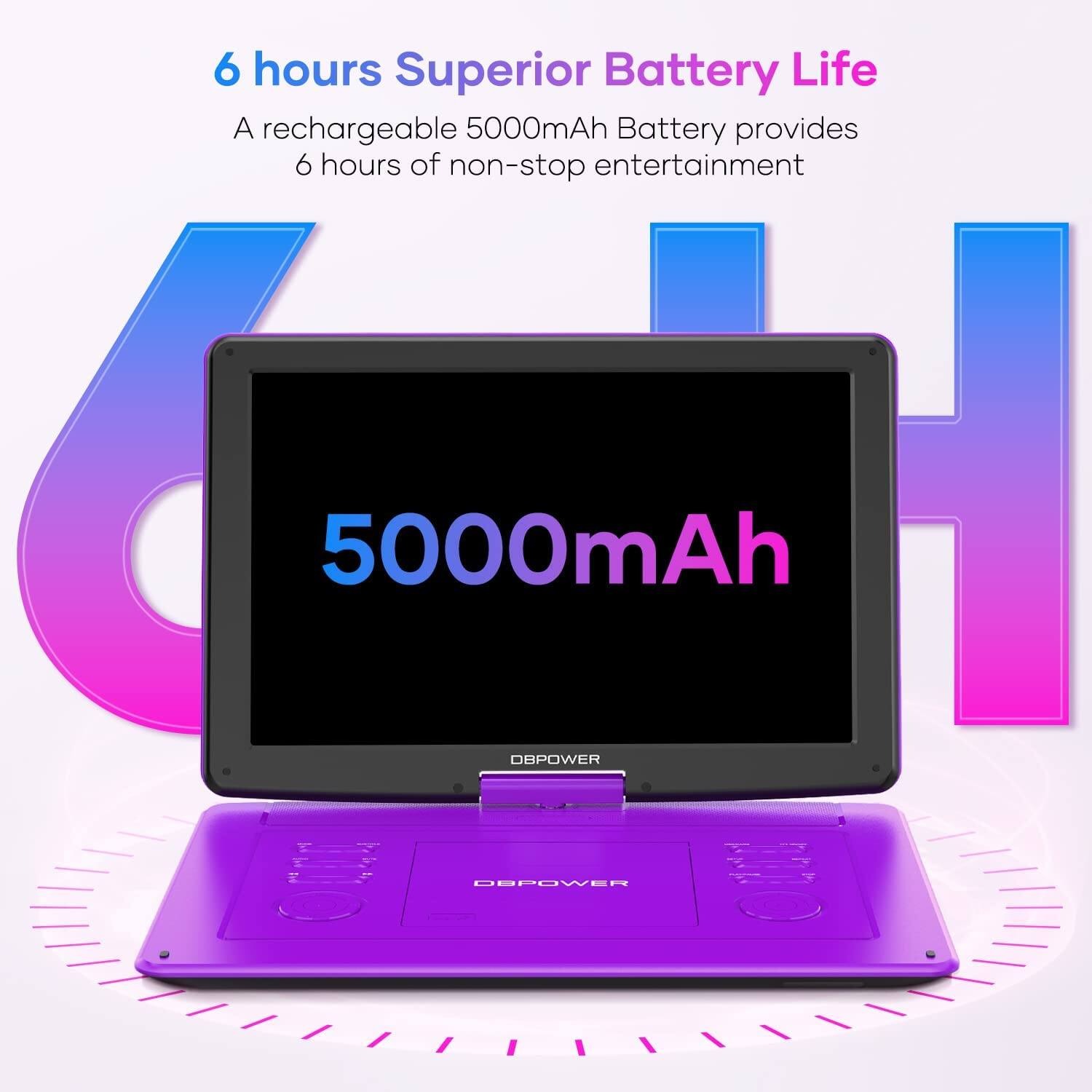 6 hours Superior Battery Life  
A rechargeable 5000mAh Battery provides 6 hours of non-stop entertainment