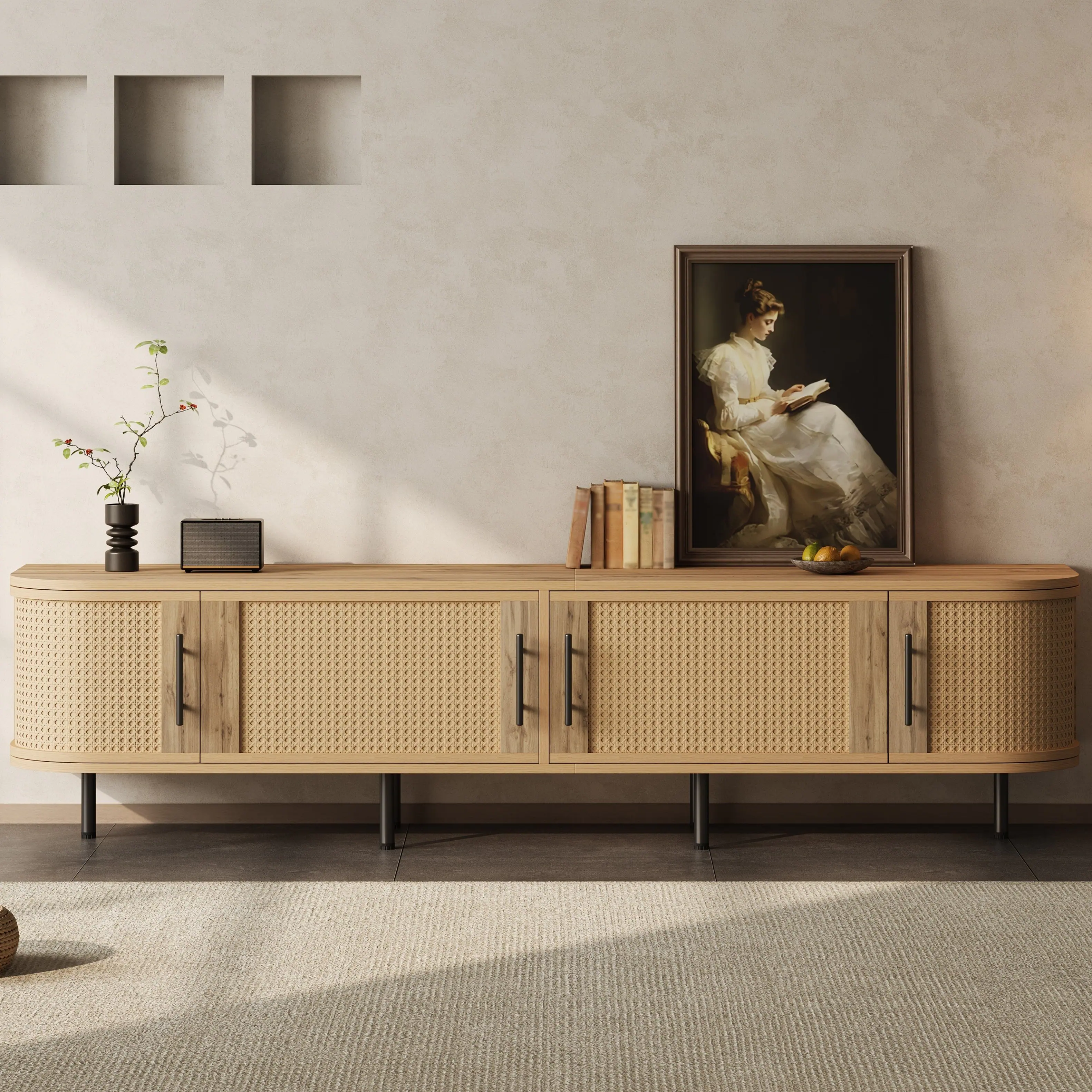 Left. MERAVOM - TV Stand for up to 80" TVs, Entertainment Center with 4 Doors, Modern Media Console with Storage Cabinet for Living Room - Natural.