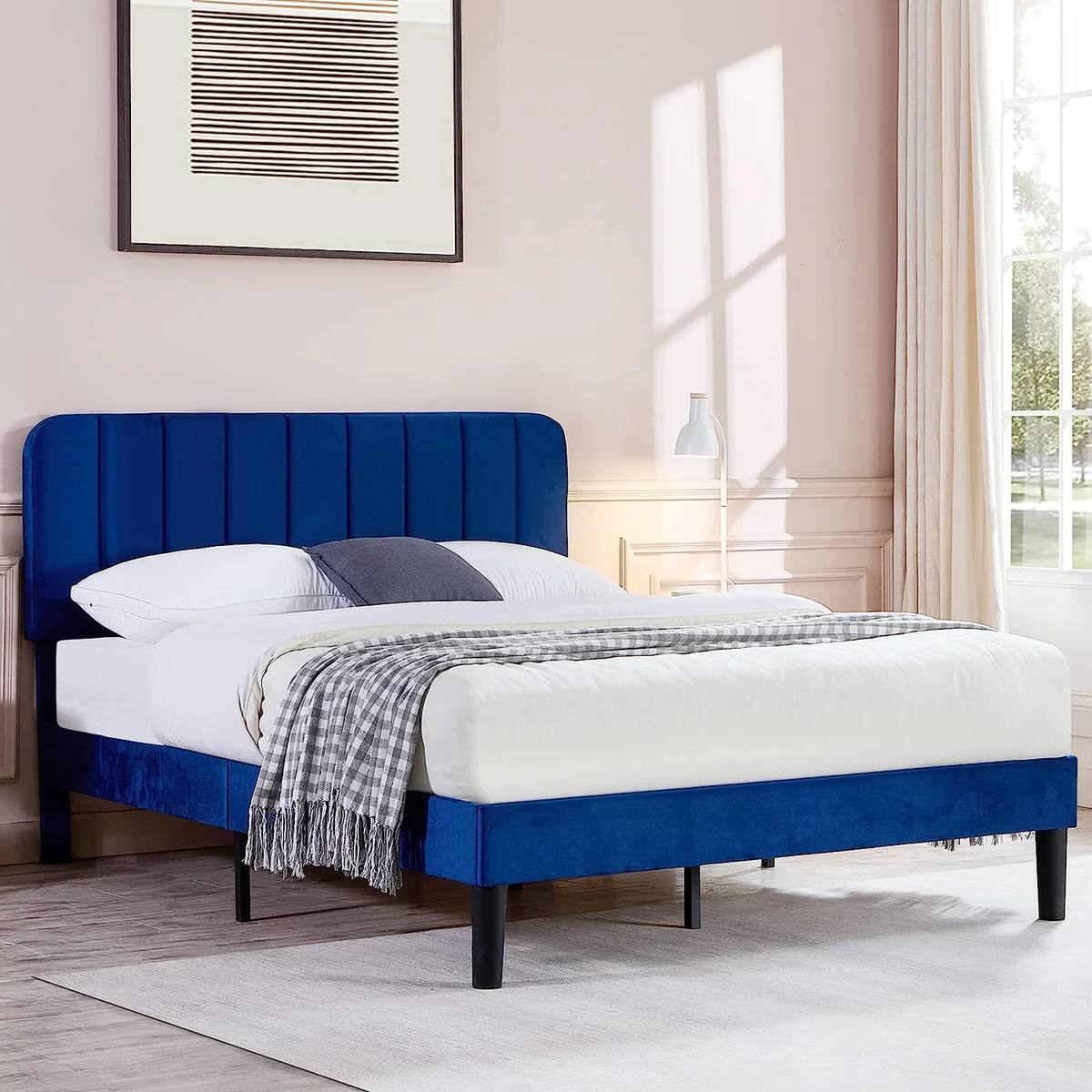 Angle. Hivvago - Hivvago Queen size Upholstered Platform Bed Frame with Headboard - Blue.