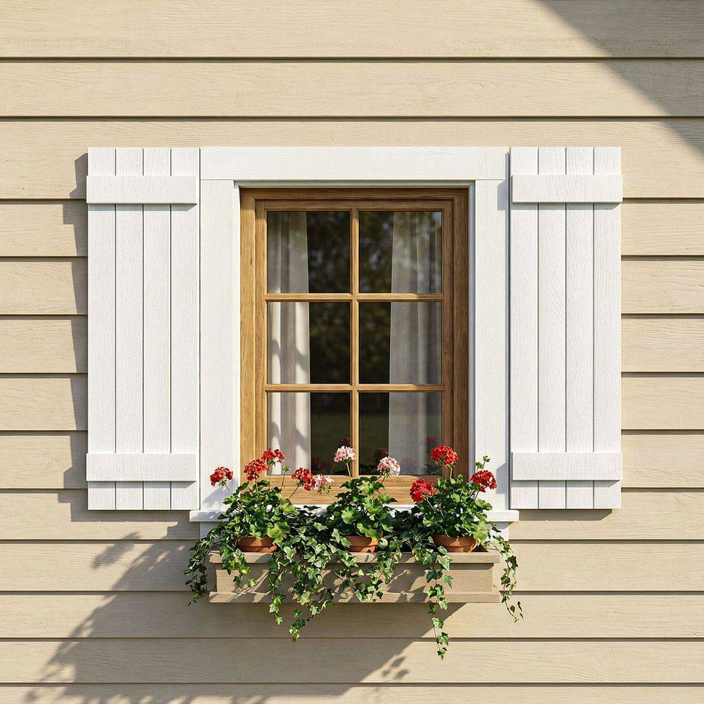 Alt View 7. Kadyn - Classic Board & Batten Faux Shutters with 2 Horizontal Bars for Timeless and Durable Exterior Elegance, 14"x31", White - White.
