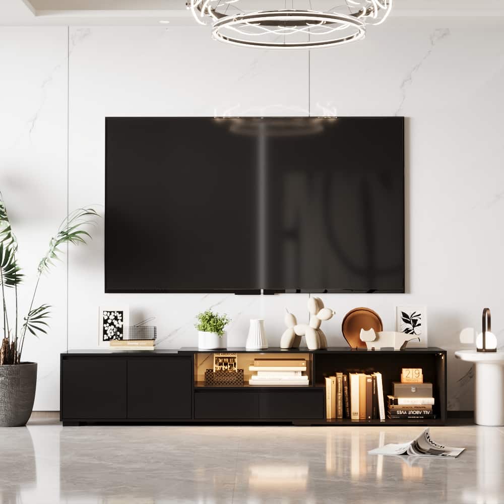 Famapy - Smart LED TV Stand with Silent Drawers, RGB Lighting, Extendable Design, and Multi-Zone Storage for Living Room - Black