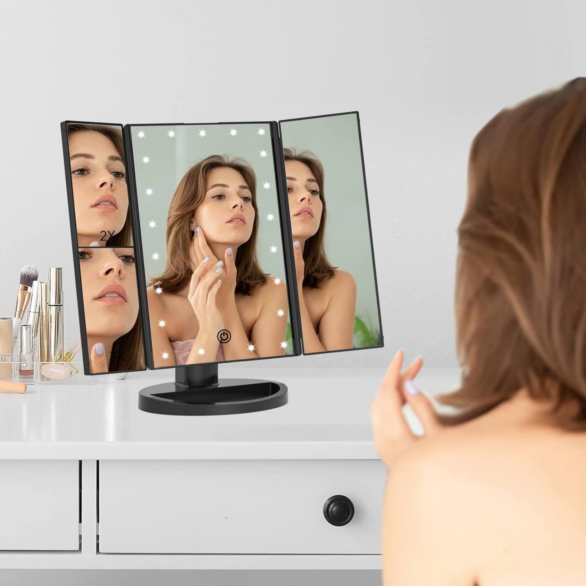 Alt View 1. FASCINATE - Trifold LED Makeup Mirror with Touch Dimmable Lighting & Multi-Magnification - Black.