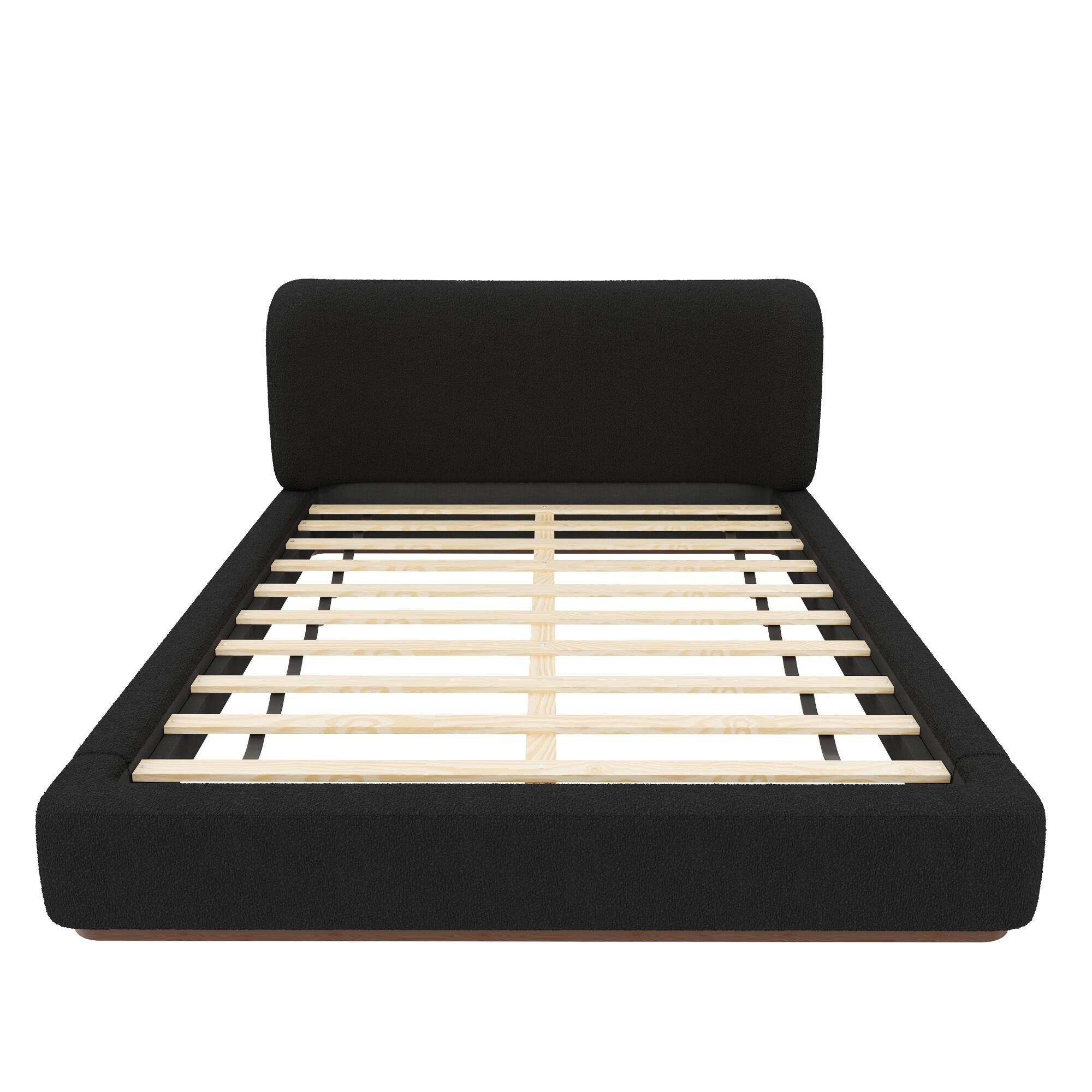 Back. Whisen - Queen Size Low-Profile Upholstered Platform Bed, Boucle Fabric Modern Furniture for Bedroom - Black.