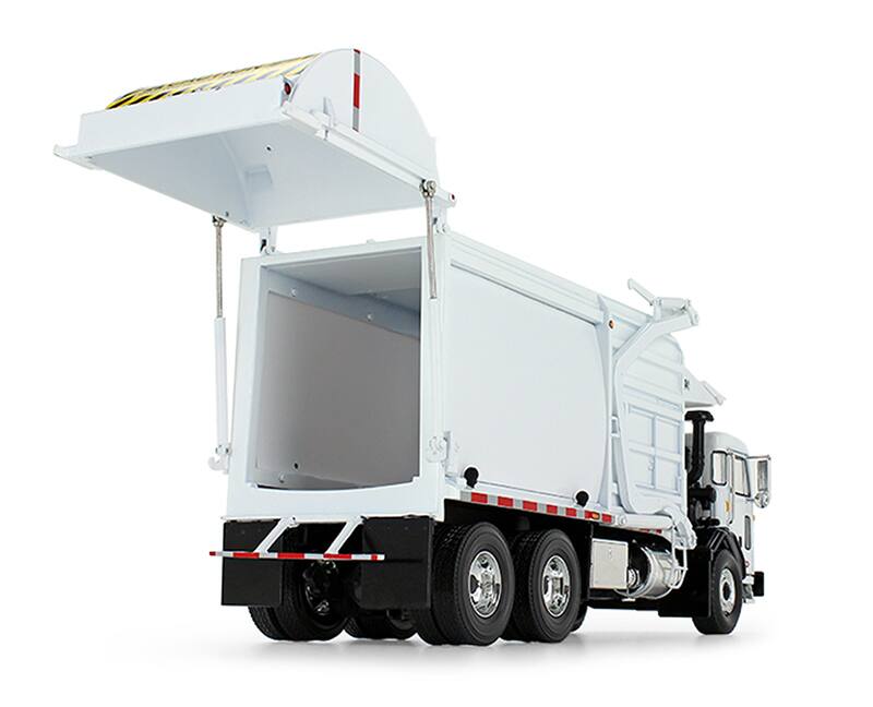 Alt View 1. First Gear - Peterbilt 520 Garbage Truck with Wittke Front End Load Refuse and Trash Bin White 1/34 Diecast Model by First Gear.